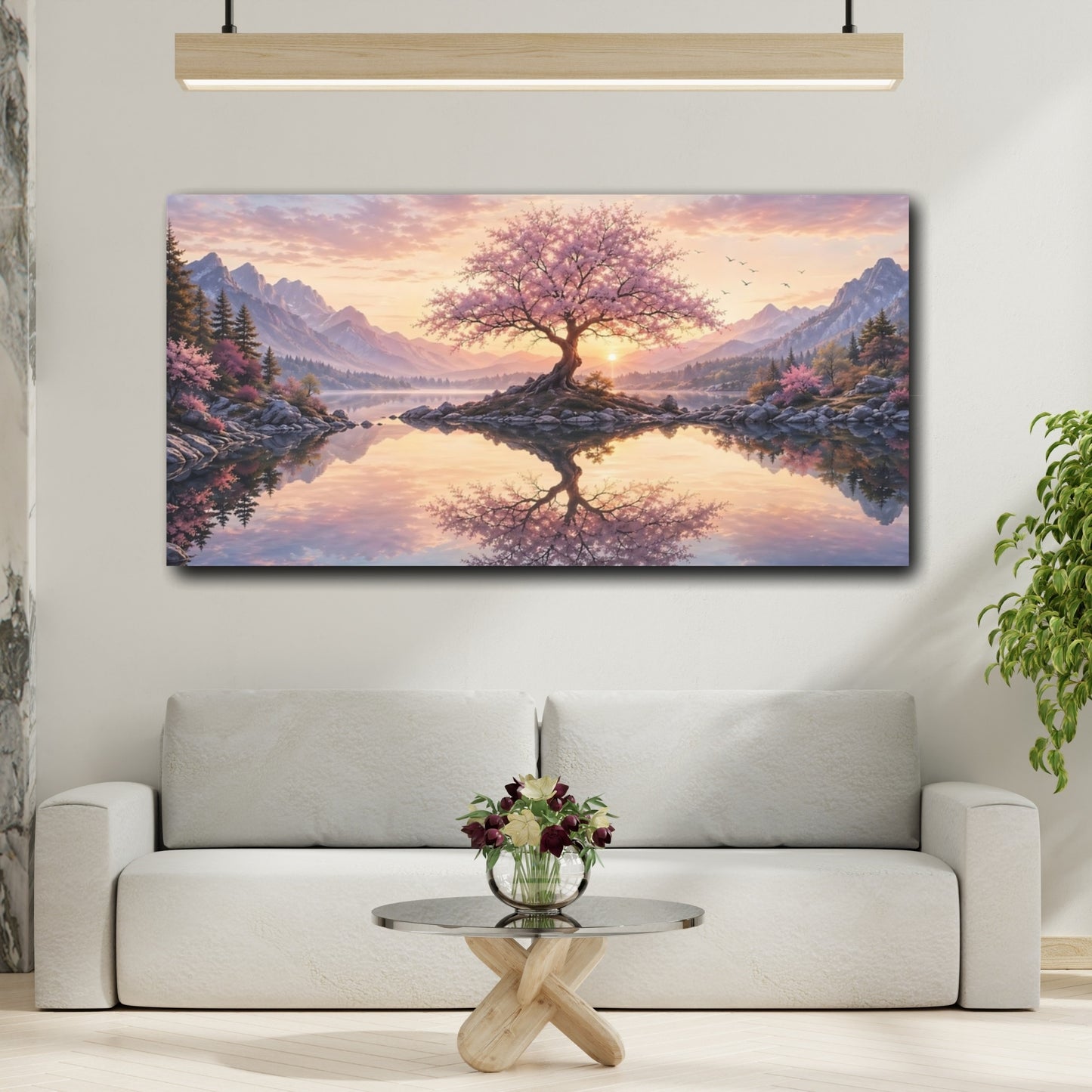 Mockup 3. Nature Flowering Tree Pink Blossom Sunset shown as stretched canvas wall art