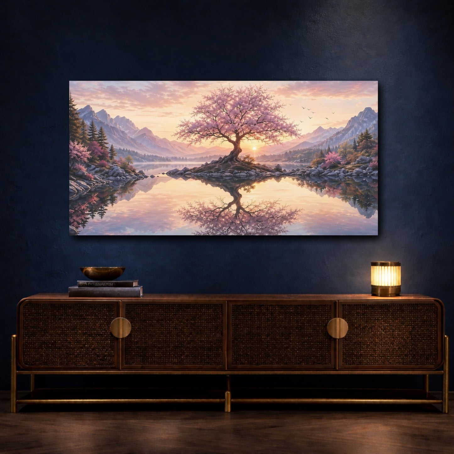 Mockup 4. Nature Flowering Tree Pink Blossom Sunset shown as stretched canvas wall art