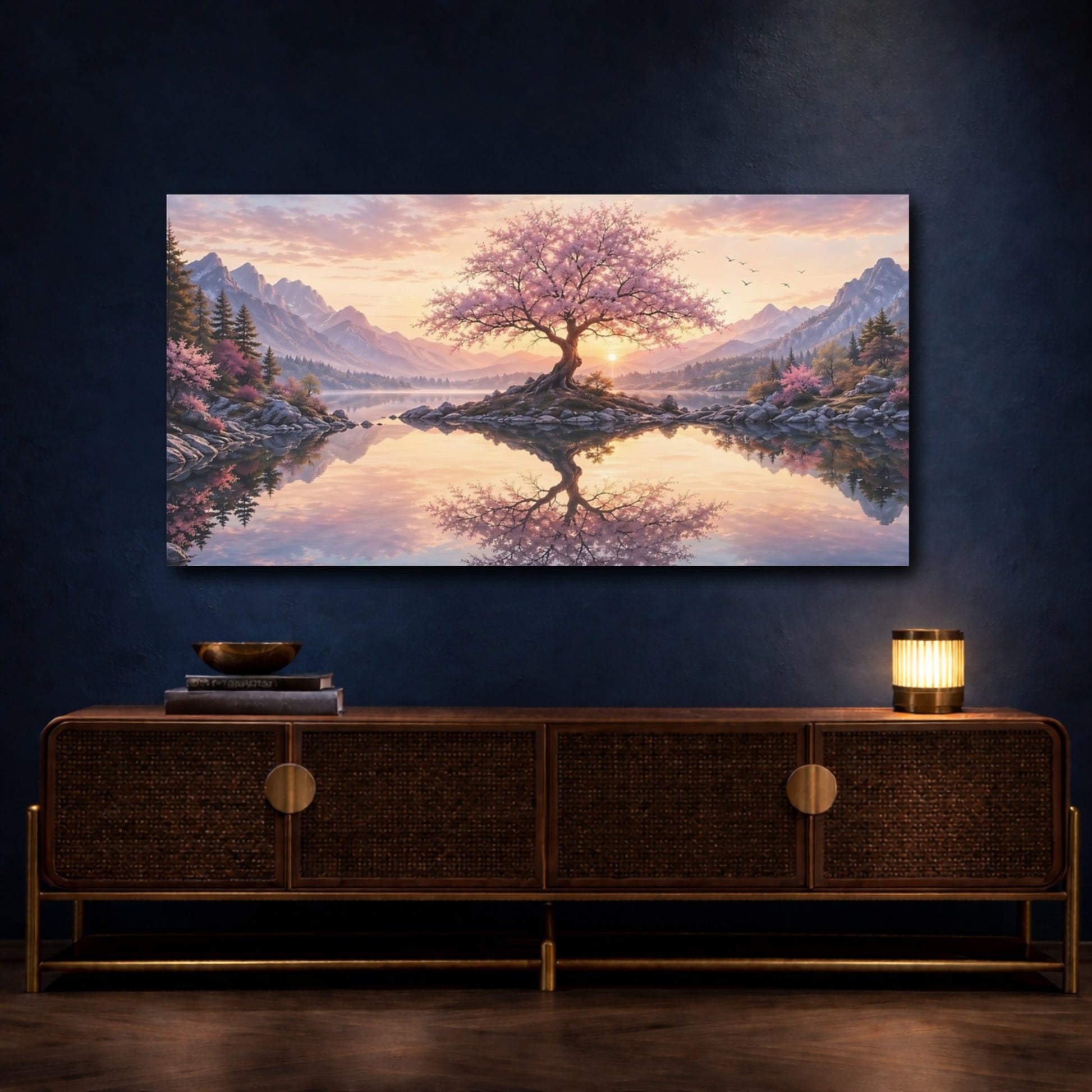 Mockup 4. Nature Flowering Tree Pink Blossom Sunset shown as stretched canvas wall art