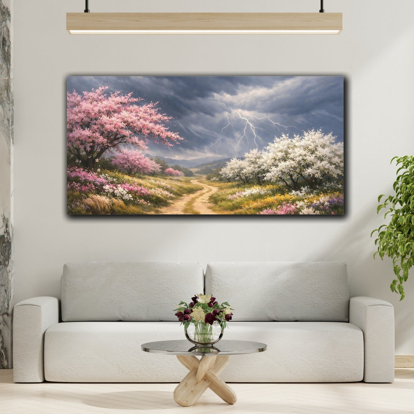 Mockup 3. Nature Flowering Trees Pink And Grey Landscape shown as stretched canvas wall art