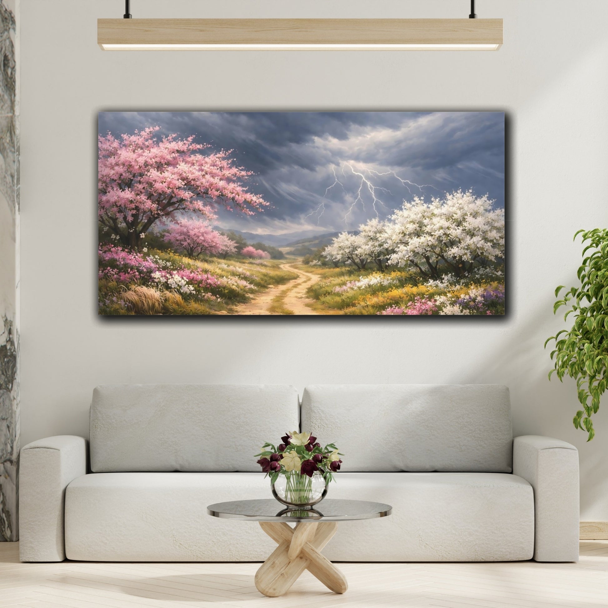Mockup 3. Nature Flowering Trees Pink And Grey Landscape shown as stretched canvas wall art