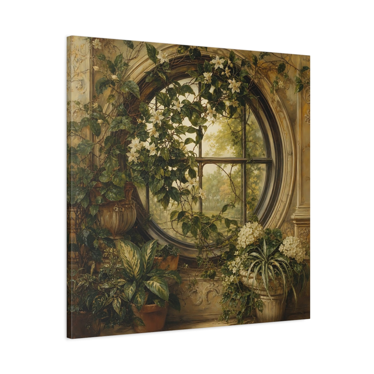 Main Mockup. Nature Flowering Window Green And Gold shown as stretched canvas wall art