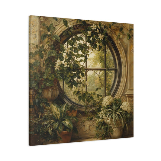 Main Mockup. Nature Flowering Window Green And Gold shown as stretched canvas wall art
