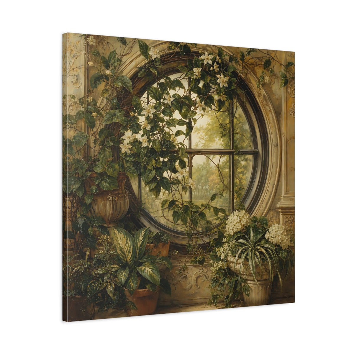 Side Mockup 3. Nature Flowering Window Green And Gold shown as stretched canvas wall art