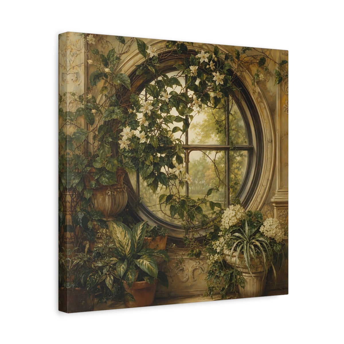 Side Mockup 6. Nature Flowering Window Green And Gold shown as stretched canvas wall art
