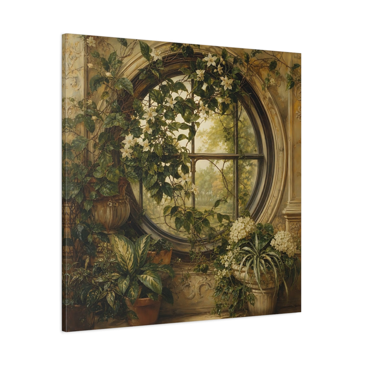 Side Mockup 1. Nature Flowering Window Green And Gold shown as stretched canvas wall art