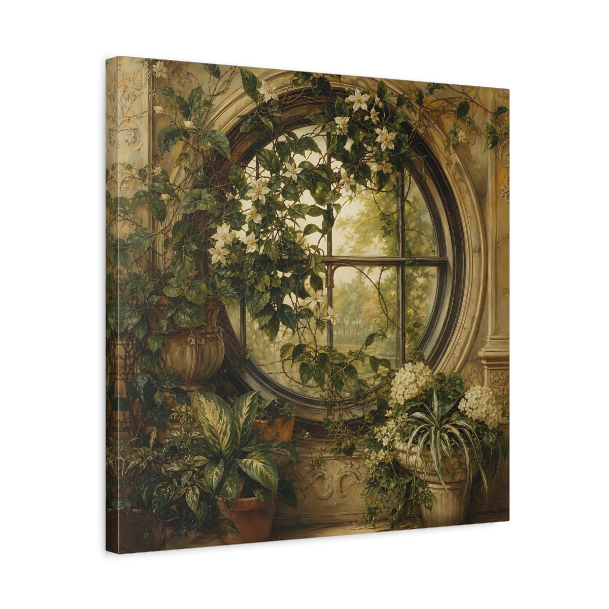 Side Mockup 5. Nature Flowering Window Green And Gold shown as stretched canvas wall art