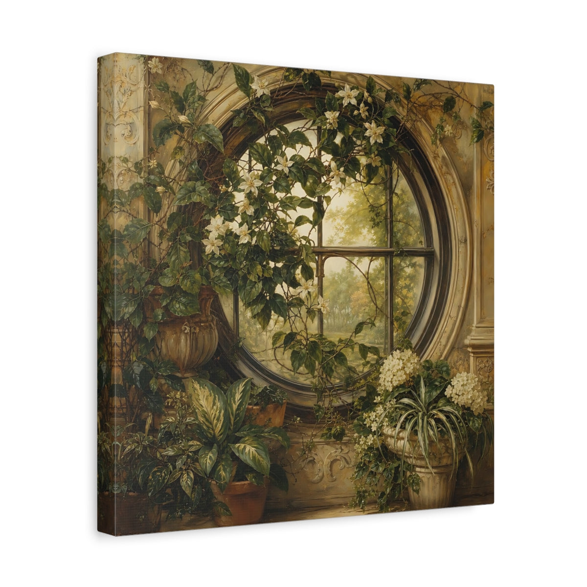 Side Mockup 7. Nature Flowering Window Green And Gold shown as stretched canvas wall art