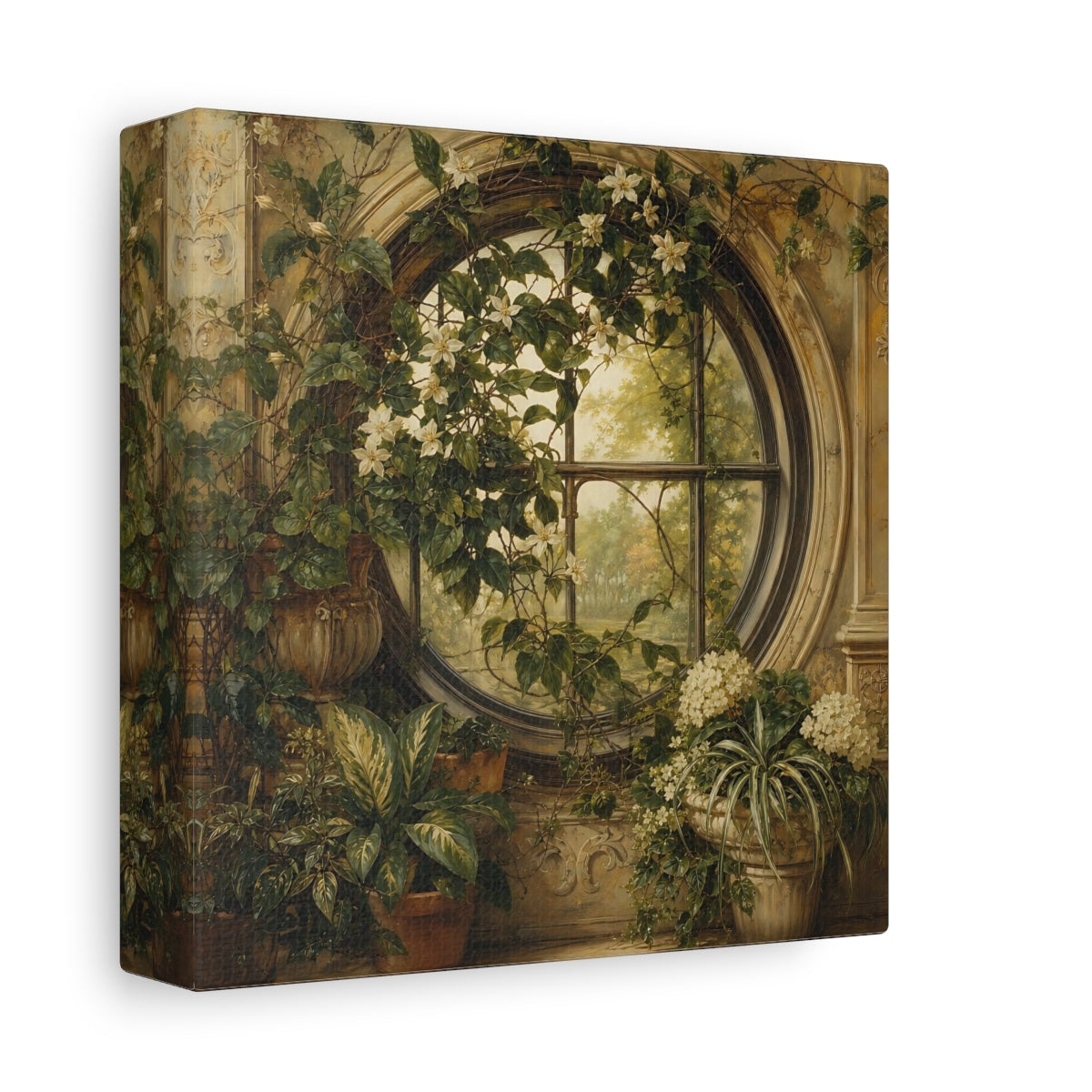 Side Mockup 2. Nature Flowering Window Green And Gold shown as stretched canvas wall art
