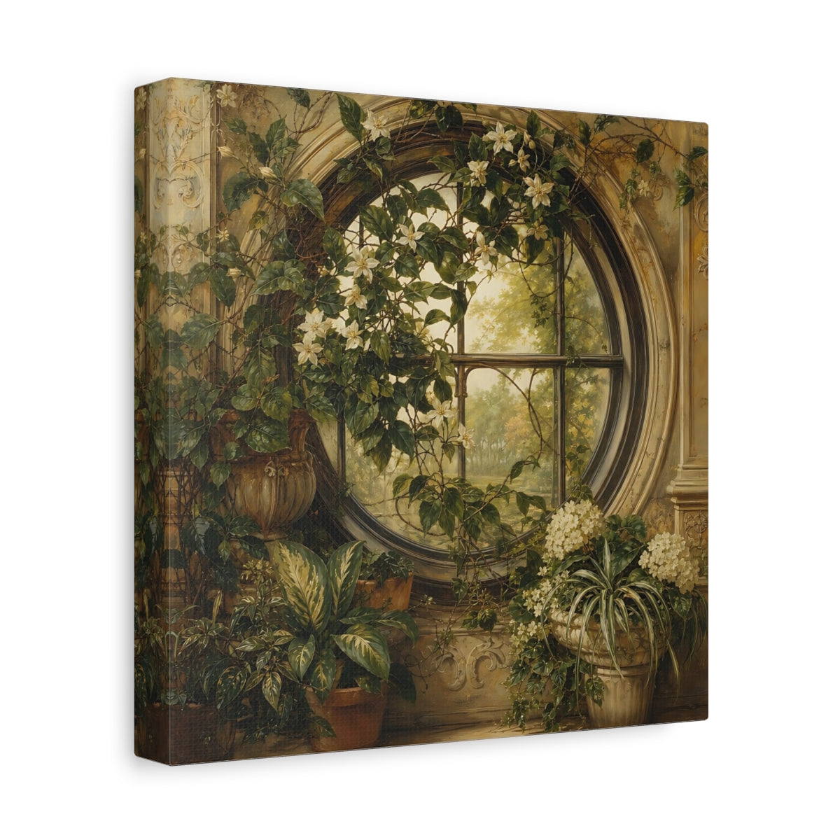 Side Mockup 9. Nature Flowering Window Green And Gold shown as stretched canvas wall art