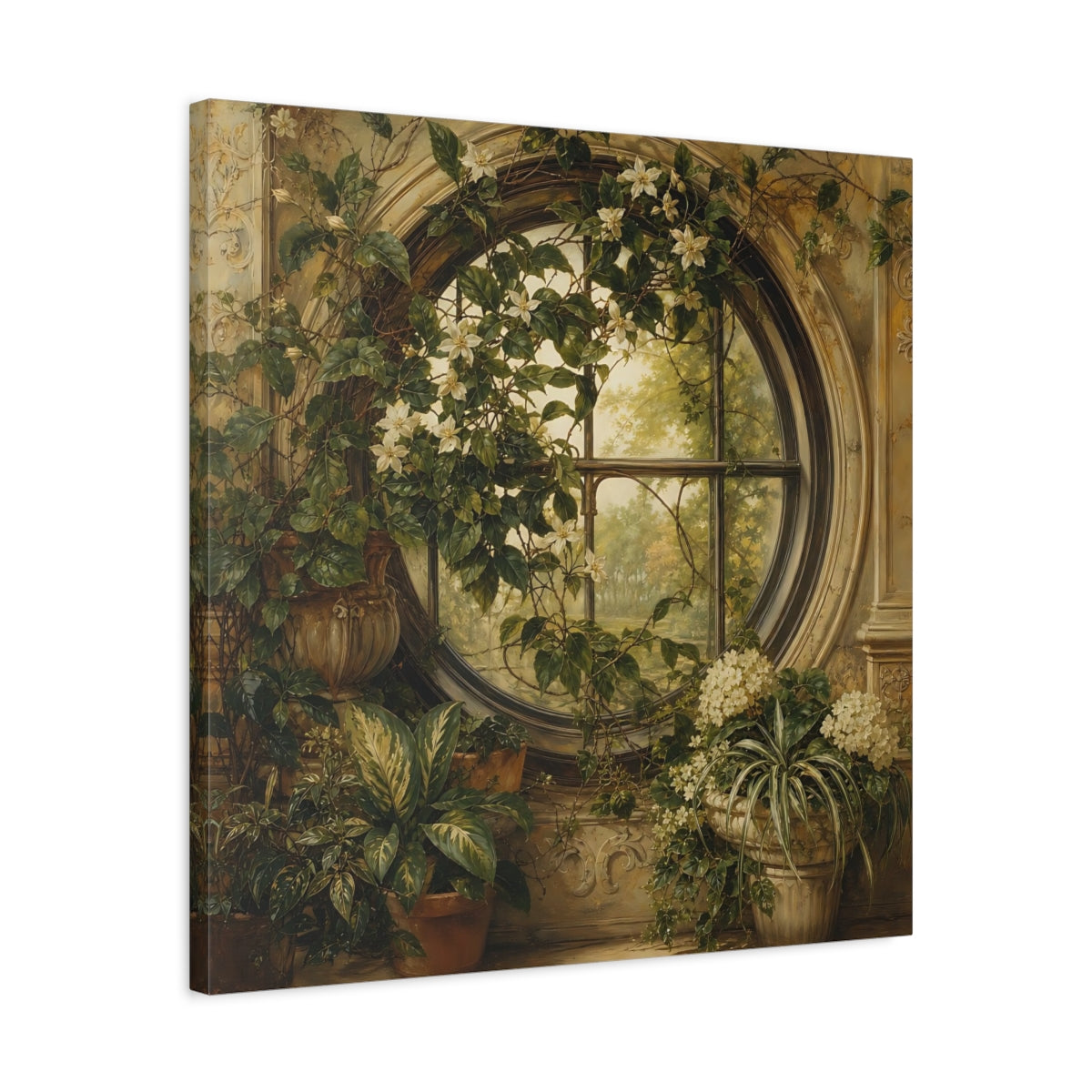 Side Mockup 4. Nature Flowering Window Green And Gold shown as stretched canvas wall art