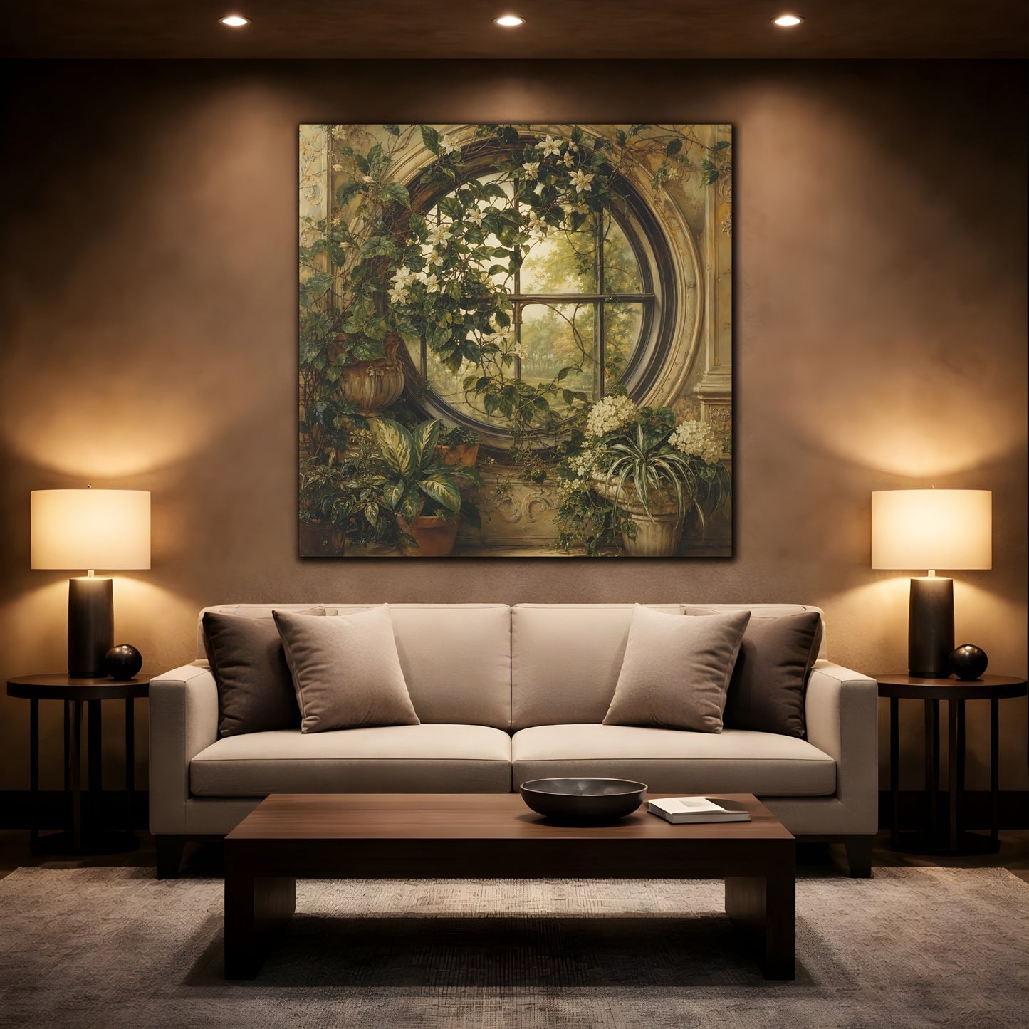 Mockup 2. Nature Flowering Window Green And Gold shown as stretched canvas wall art