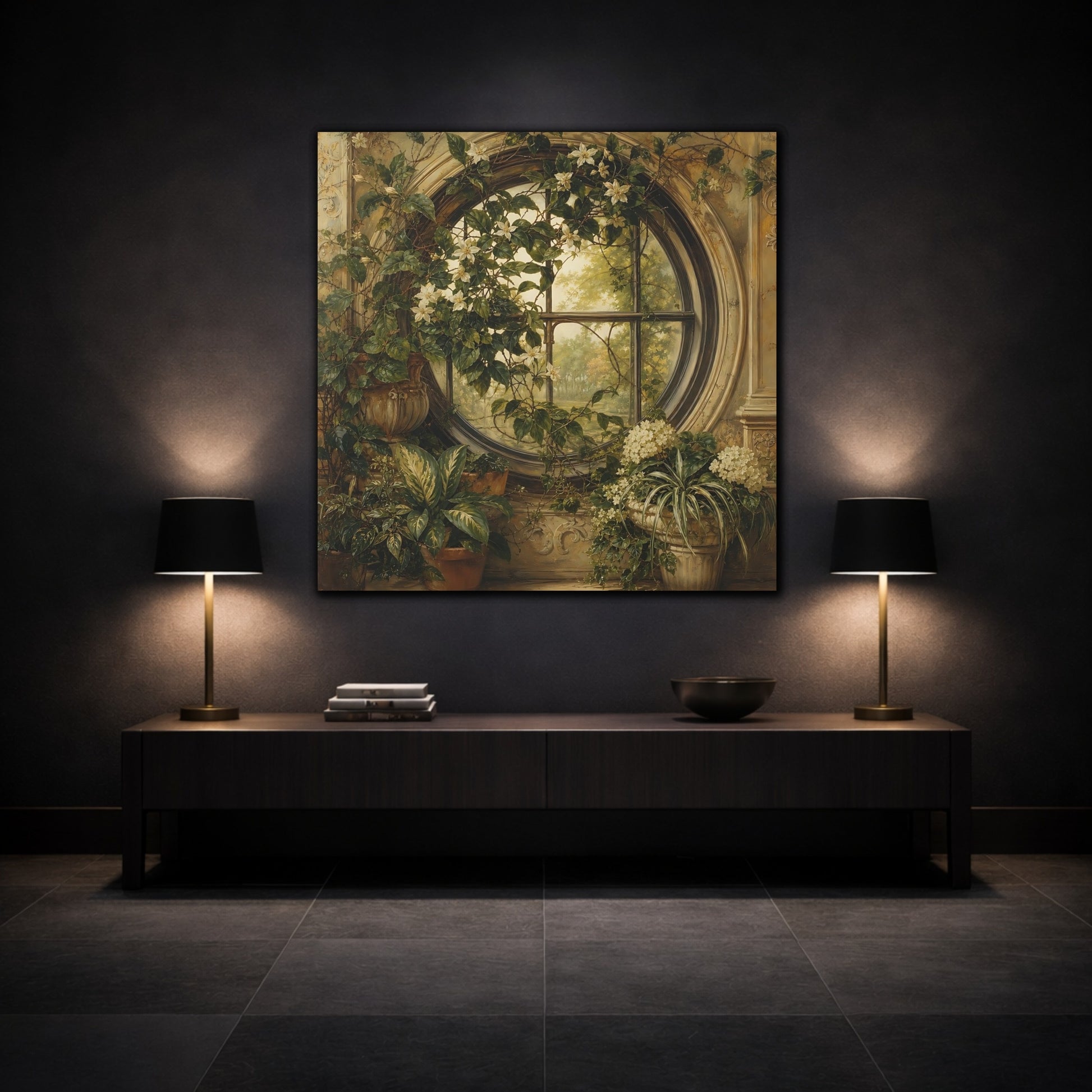 Mockup 3. Nature Flowering Window Green And Gold shown as stretched canvas wall art