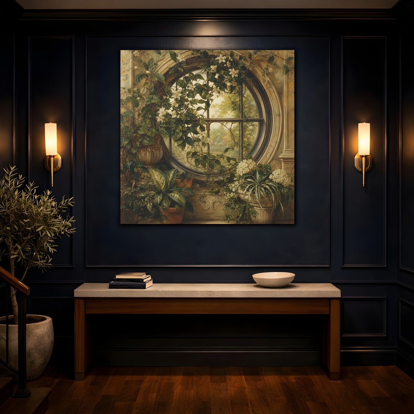 Mockup 4. Nature Flowering Window Green And Gold shown as stretched canvas wall art