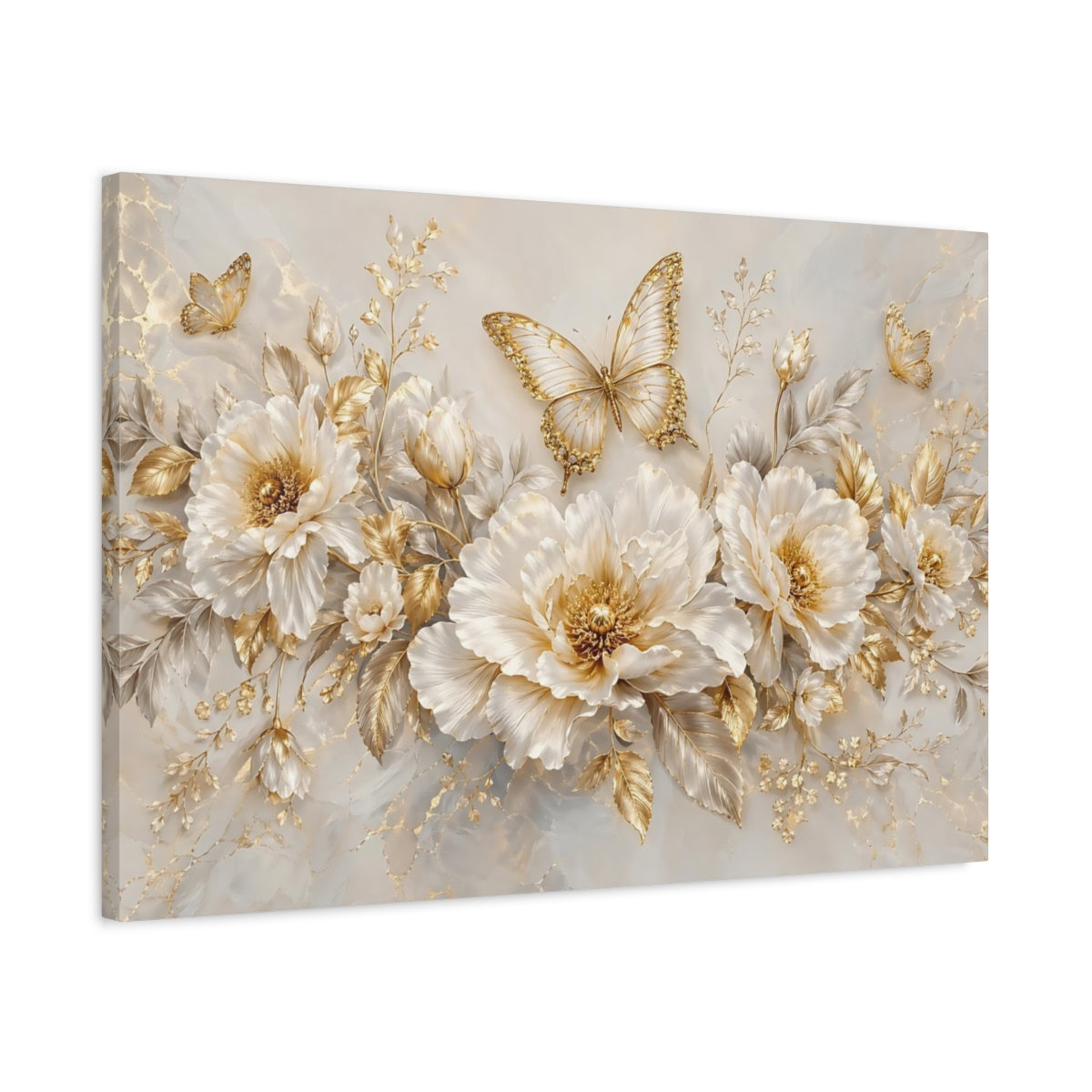 Side Mockup 2. Nature Flowers, Butterflies White And Gold Floral shown as stretched canvas wall art