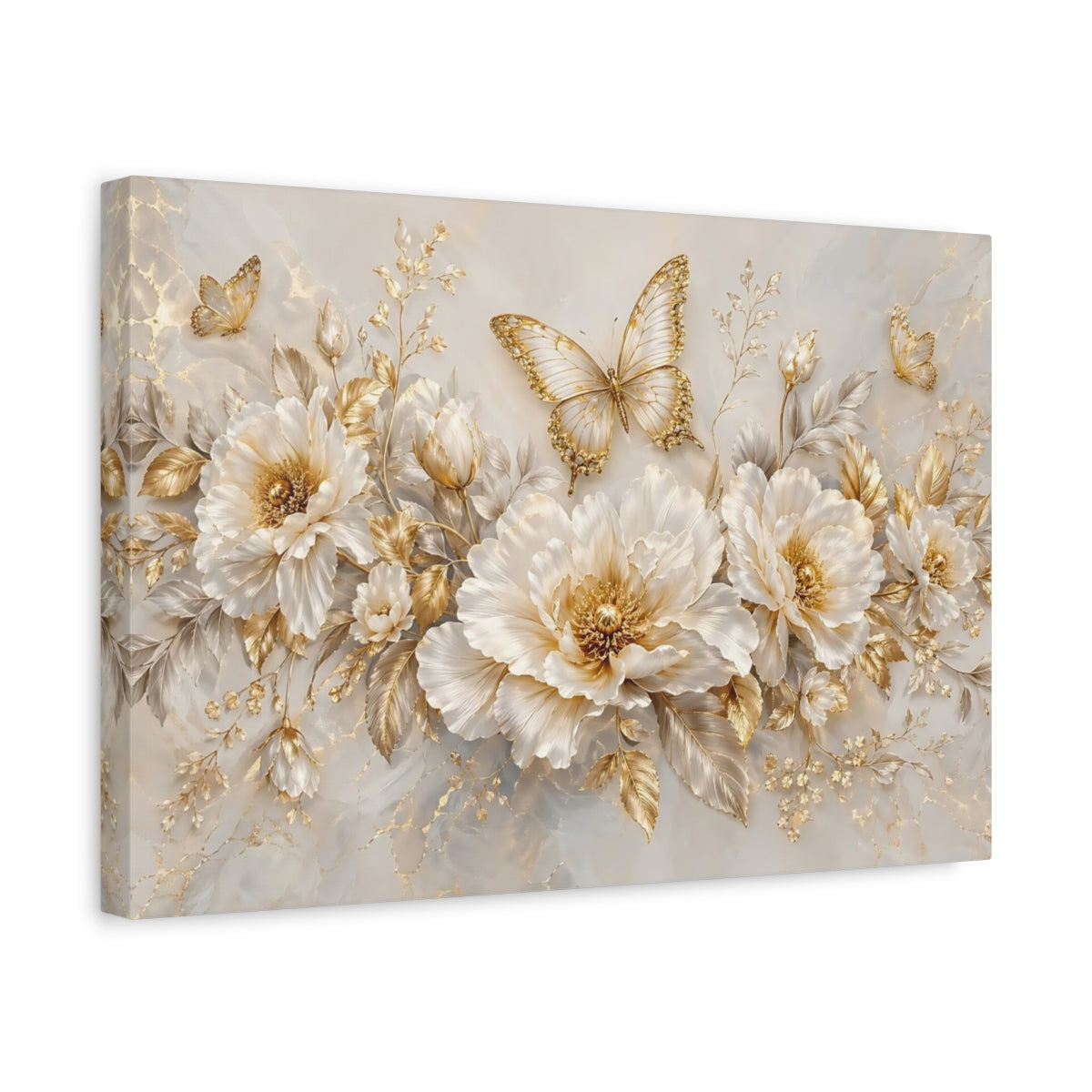 Side Mockup 4. Nature Flowers, Butterflies White And Gold Floral shown as stretched canvas wall art