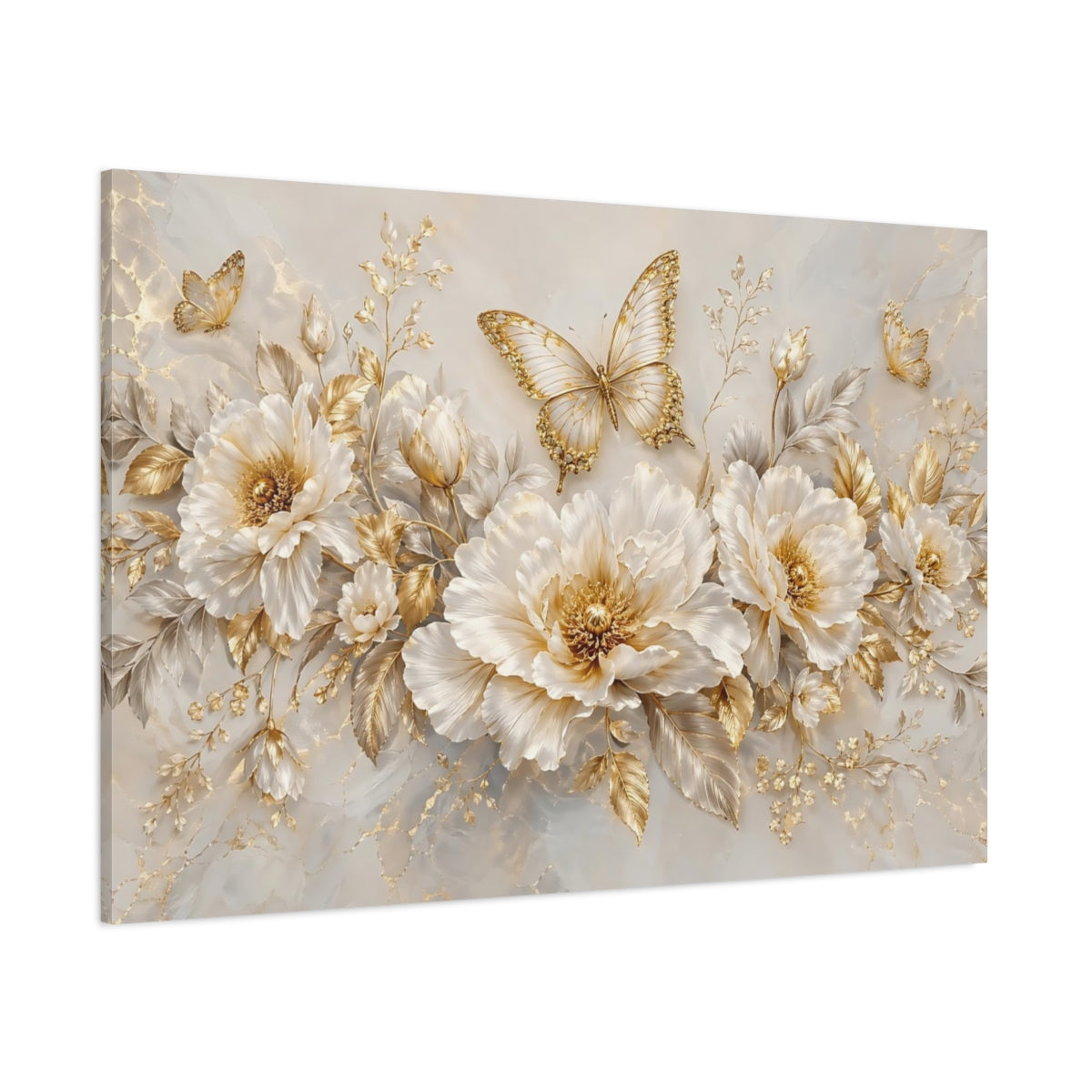 Side Mockup 1. Nature Flowers, Butterflies White And Gold Floral shown as stretched canvas wall art