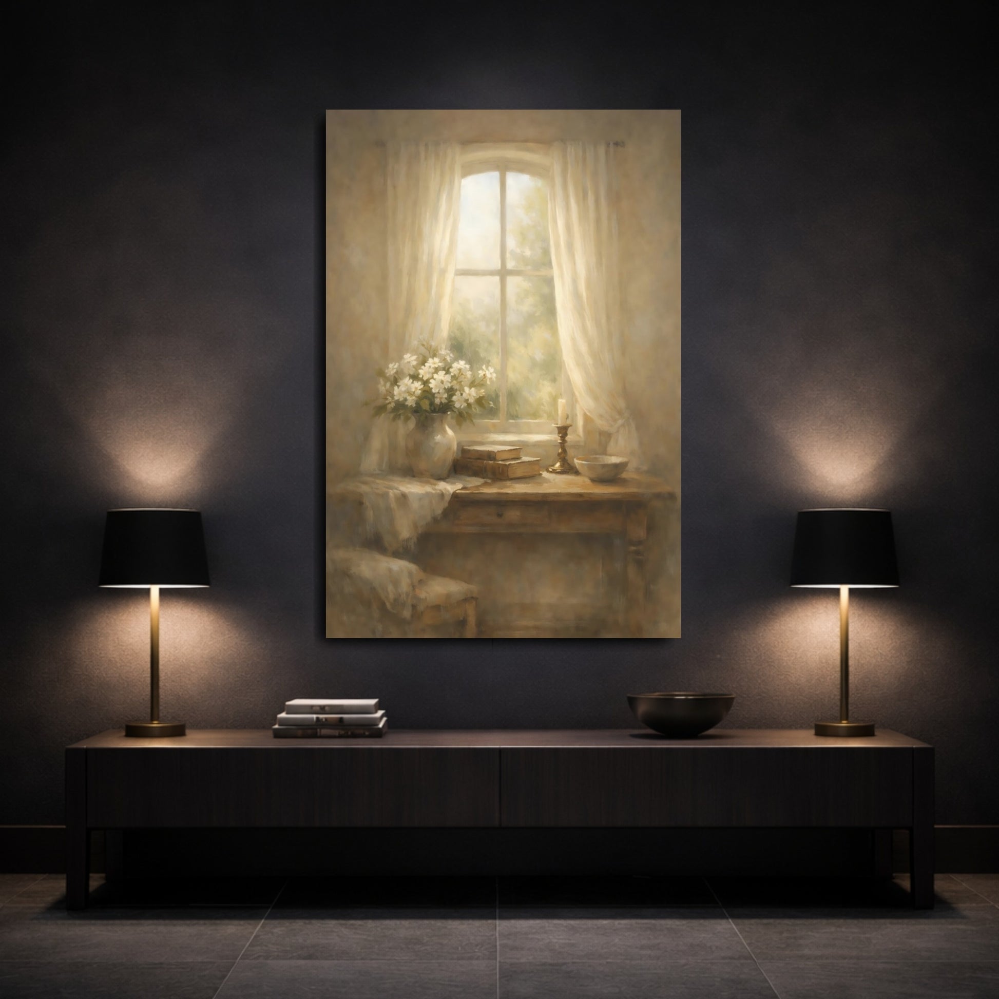 Mockup 2. Nature Flowers Warm Neutrals shown as stretched canvas wall art