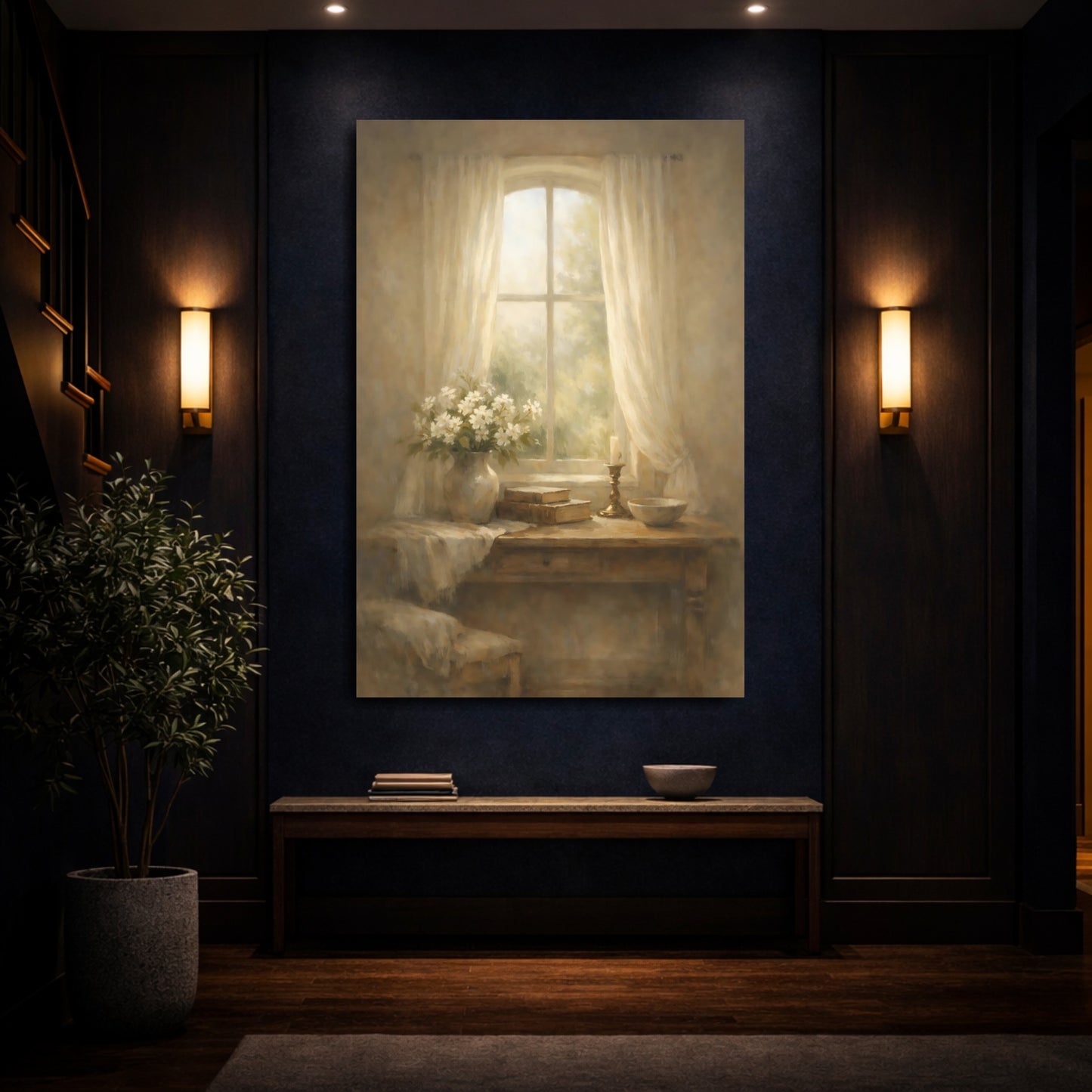 Mockup 3. Nature Flowers Warm Neutrals shown as stretched canvas wall art