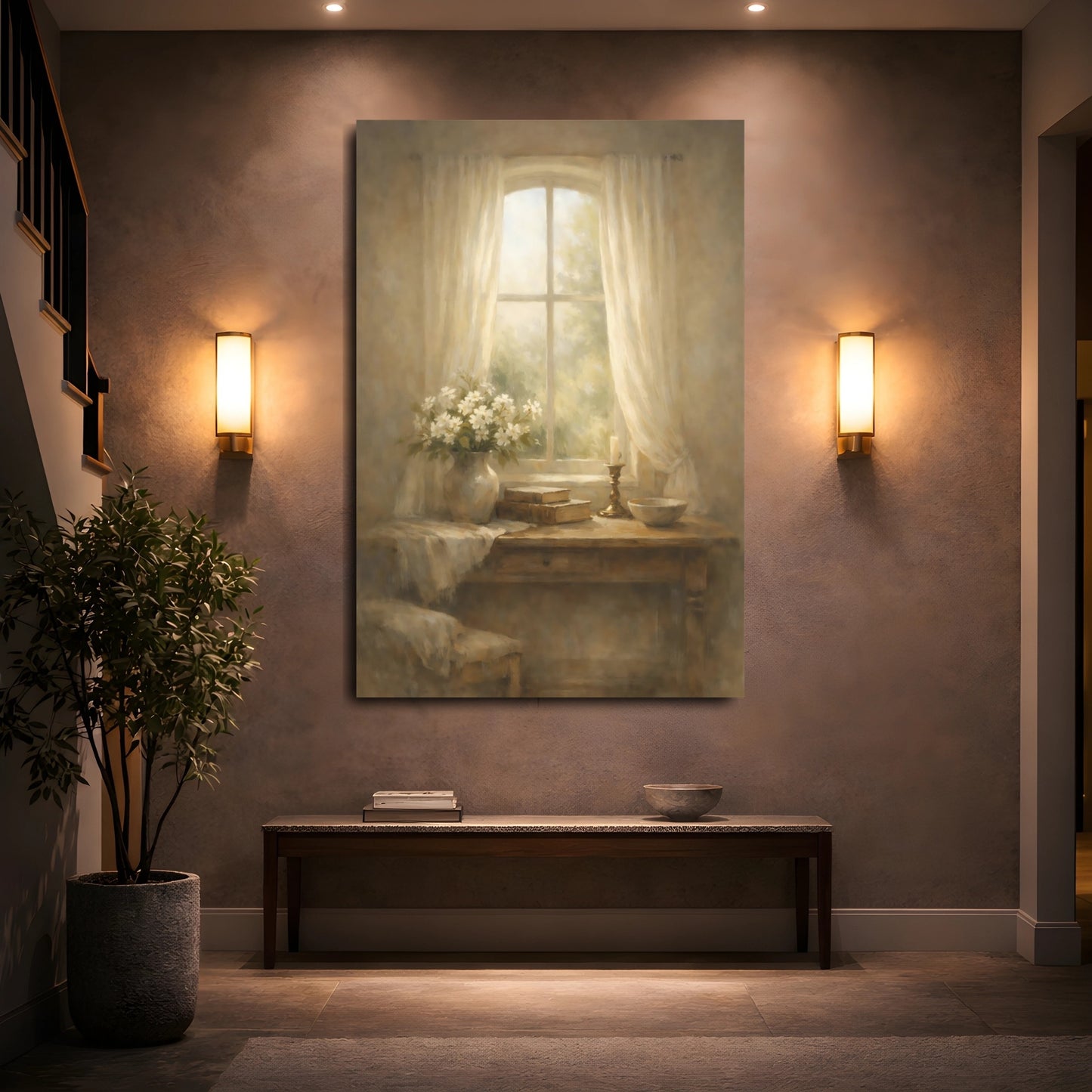 Mockup 4. Nature Flowers Warm Neutrals shown as stretched canvas wall art
