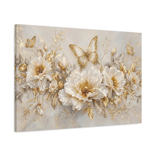 Main Mockup. Nature Flowers, Butterflies White And Gold Floral shown as stretched canvas wall art