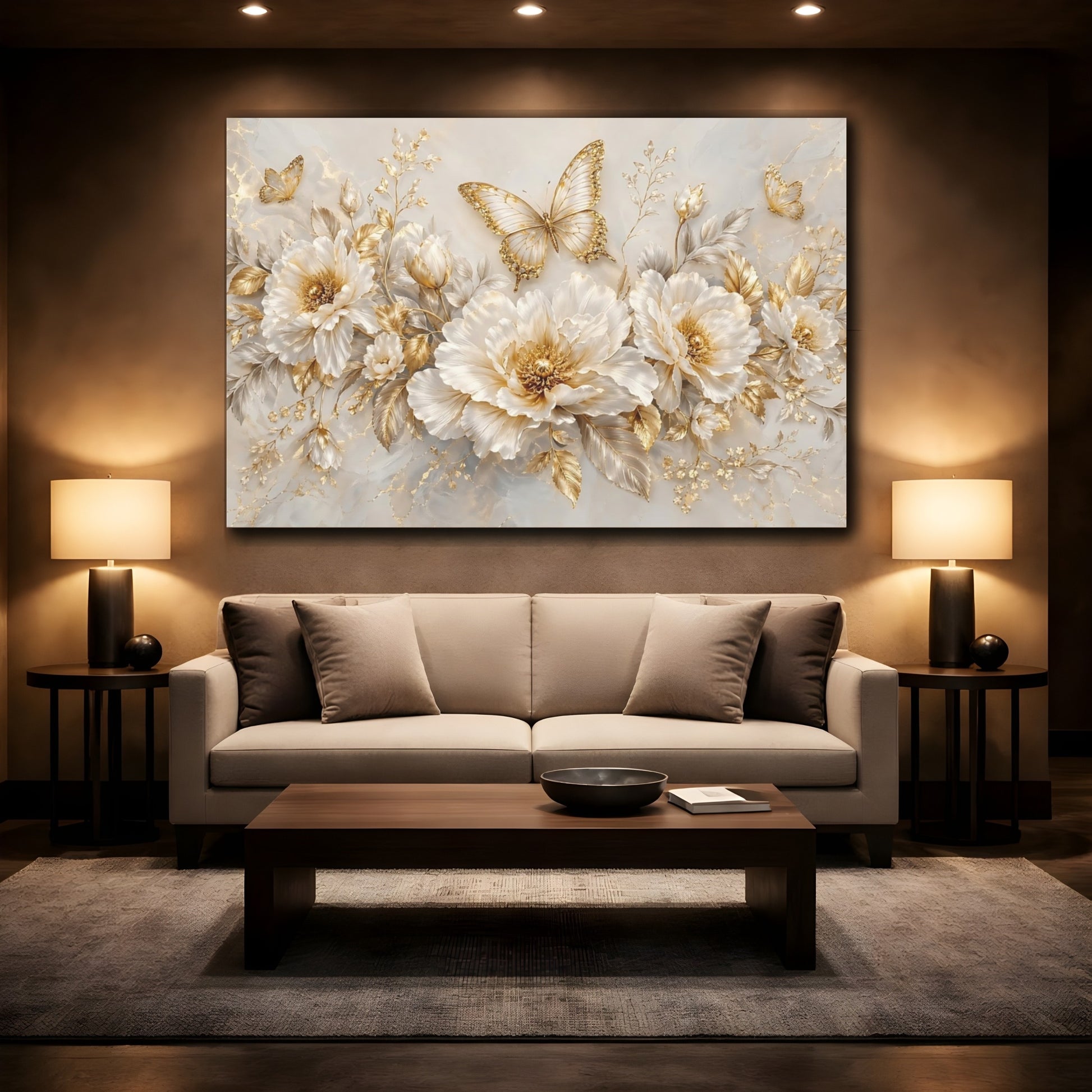 Mockup 2. Nature Flowers, Butterflies White And Gold Floral shown as stretched canvas wall art