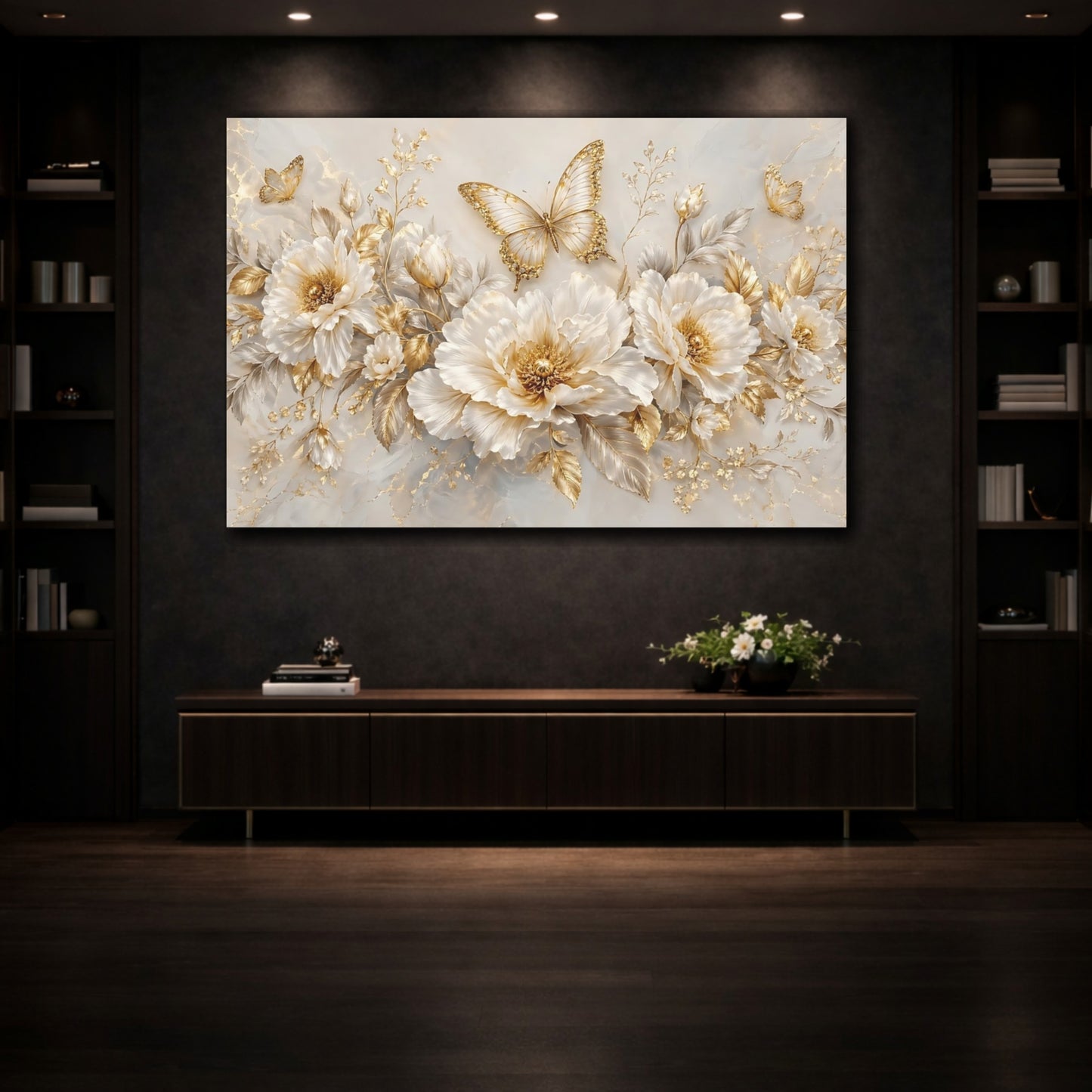 Mockup 3. Nature Flowers, Butterflies White And Gold Floral shown as stretched canvas wall art