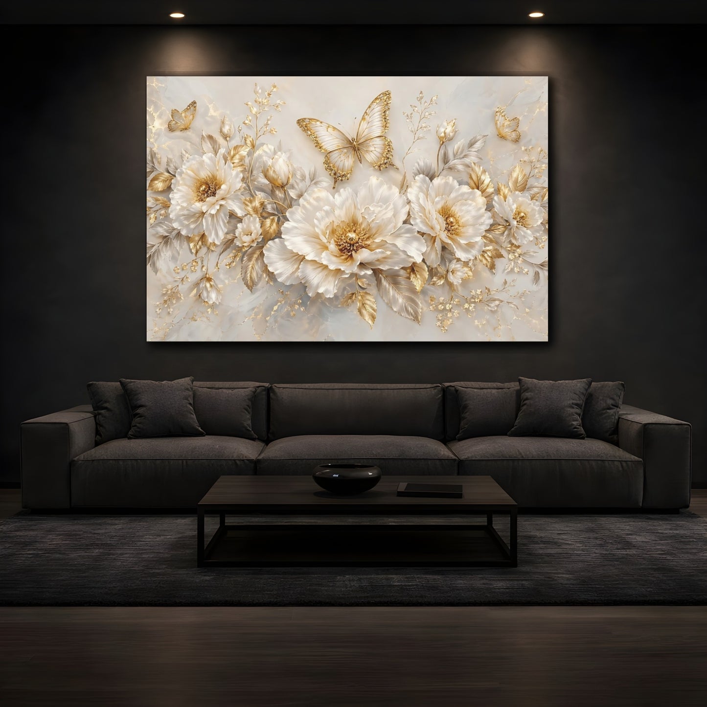 Mockup 4. Nature Flowers, Butterflies White And Gold Floral shown as stretched canvas wall art