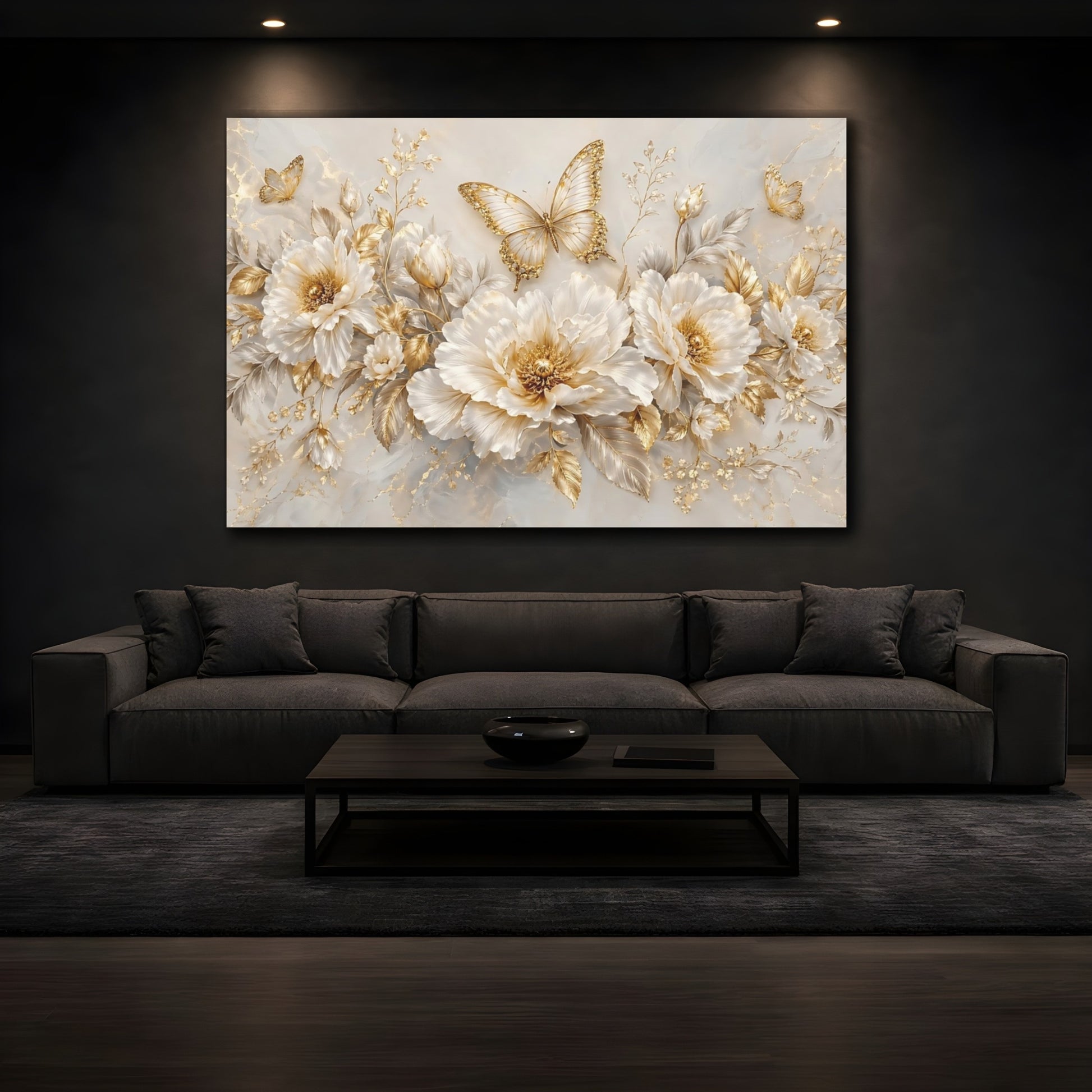 Mockup 4. Nature Flowers, Butterflies White And Gold Floral shown as stretched canvas wall art