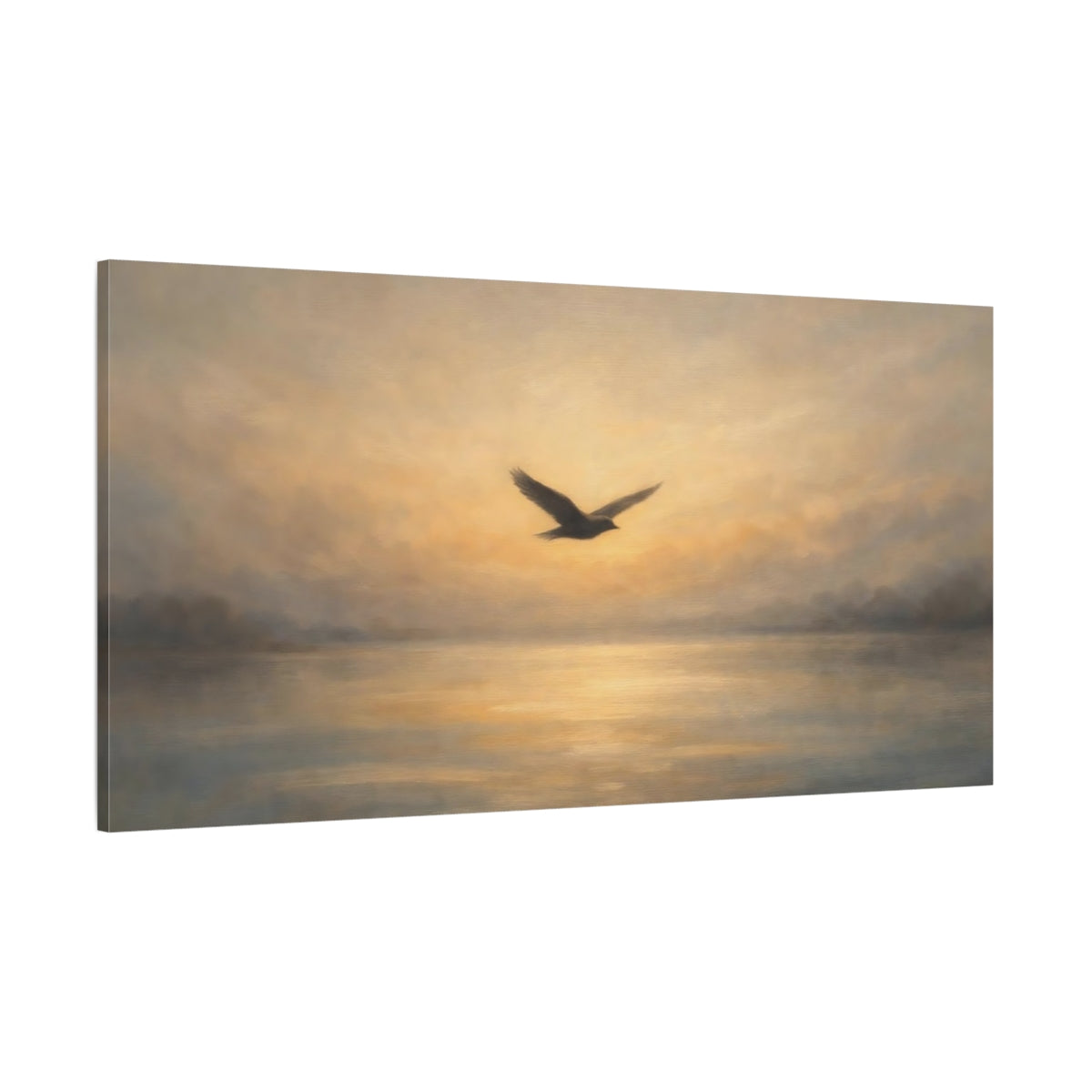 Main Mockup. Nature Flying Bird Sunset Bird Painting shown as stretched canvas wall art