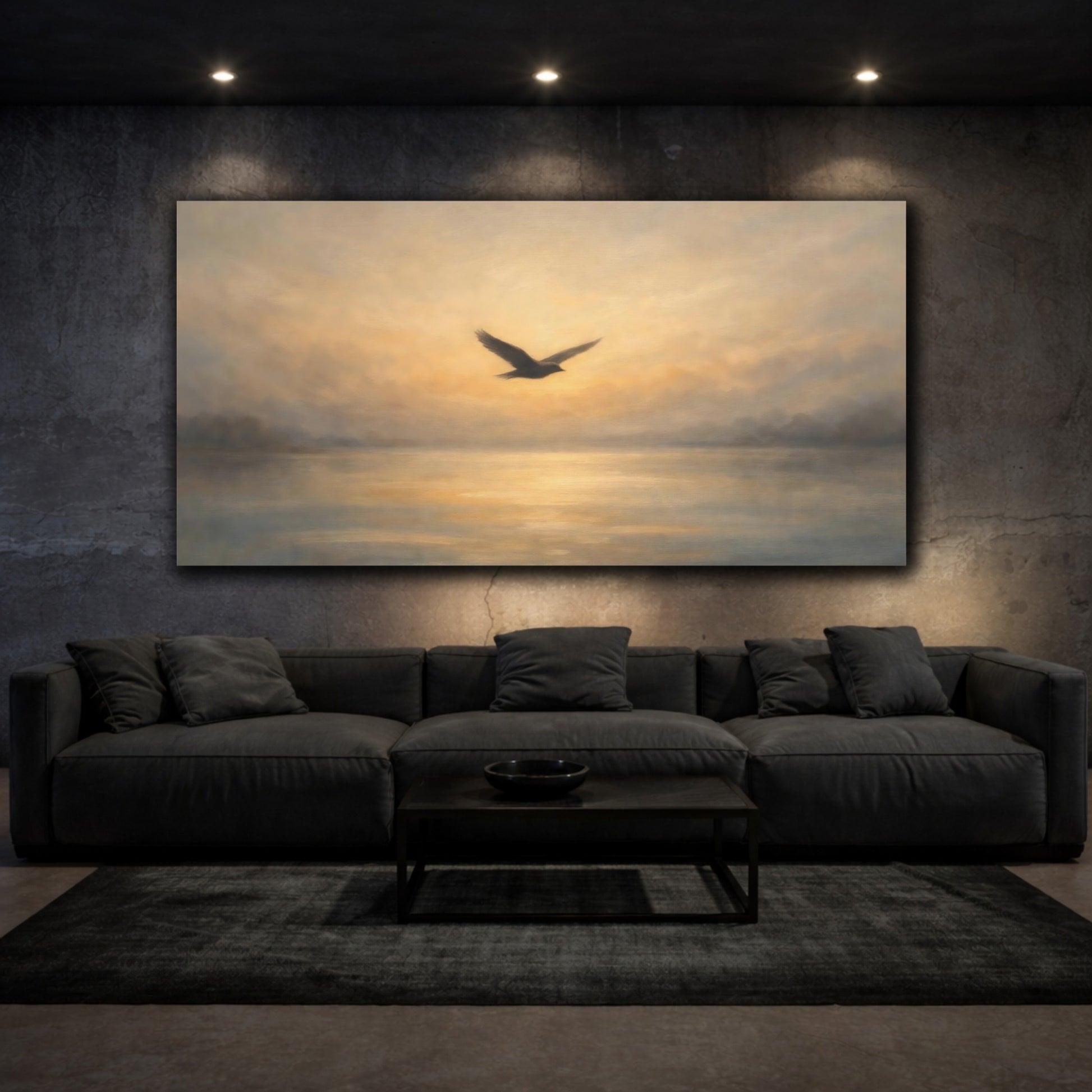 Mockup 2. Nature Flying Bird Sunset Bird Painting shown as stretched canvas wall art