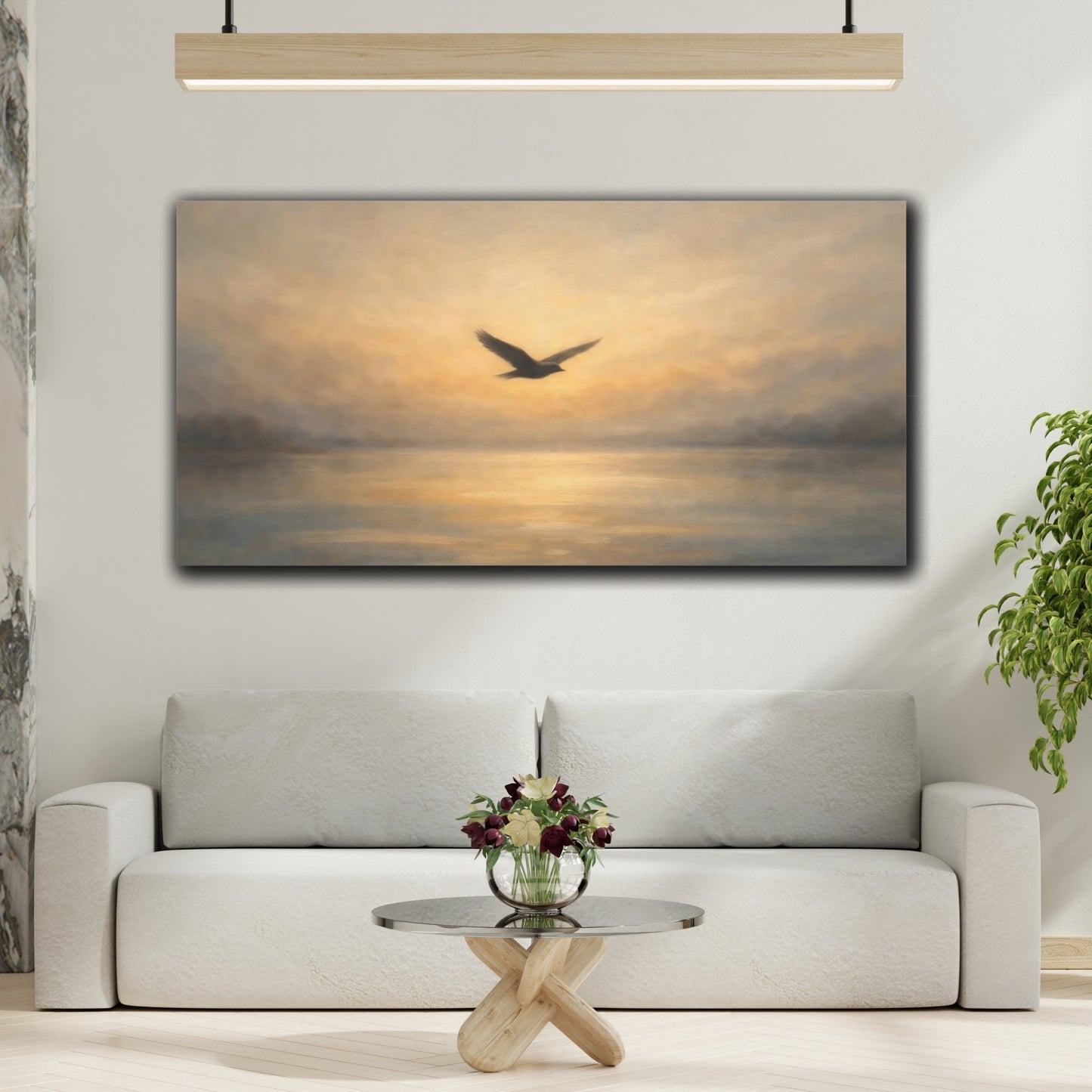 Mockup 3. Nature Flying Bird Sunset Bird Painting shown as stretched canvas wall art