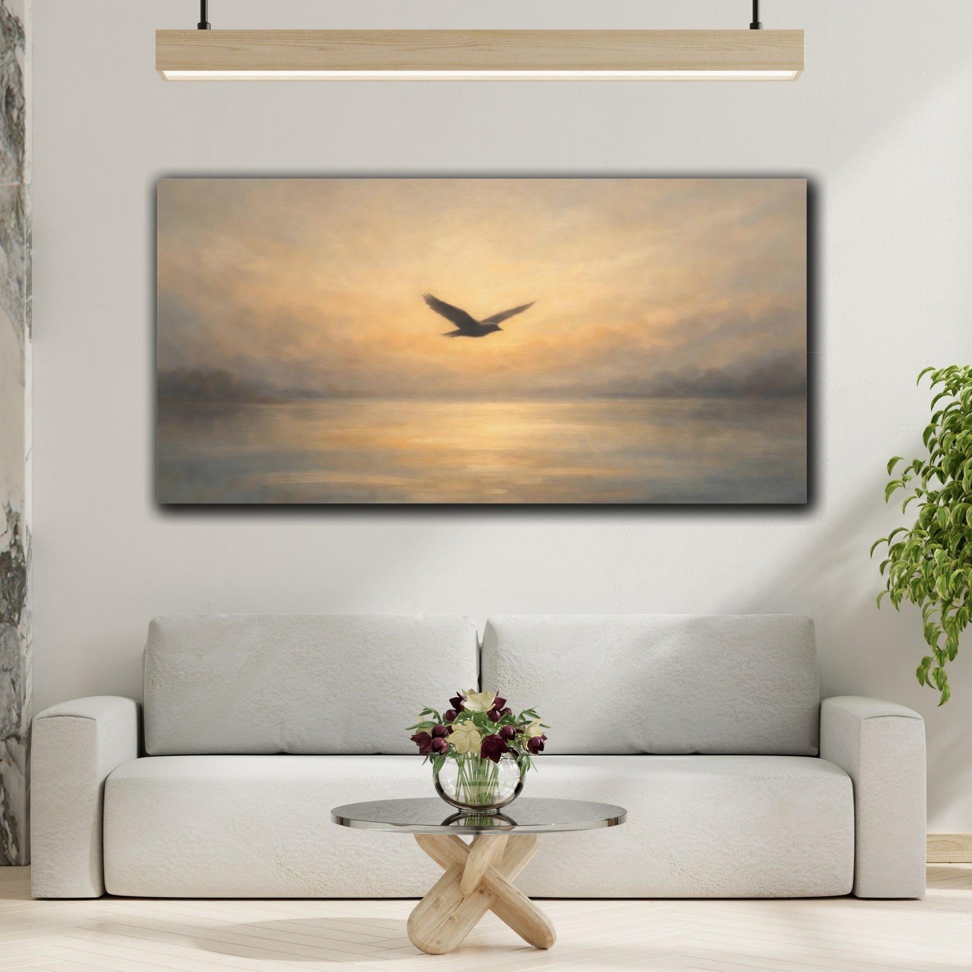 Mockup 3. Nature Flying Bird Sunset Bird Painting shown as stretched canvas wall art