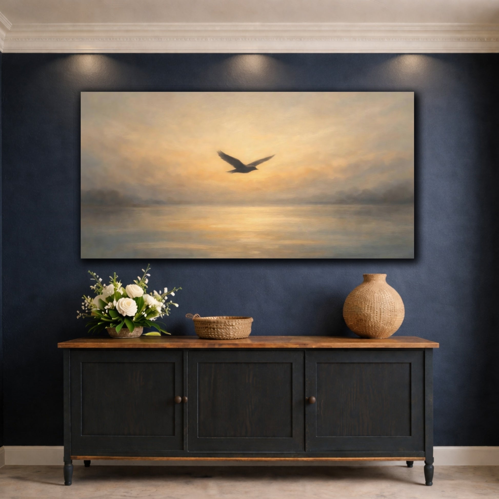 Mockup 4. Nature Flying Bird Sunset Bird Painting shown as stretched canvas wall art