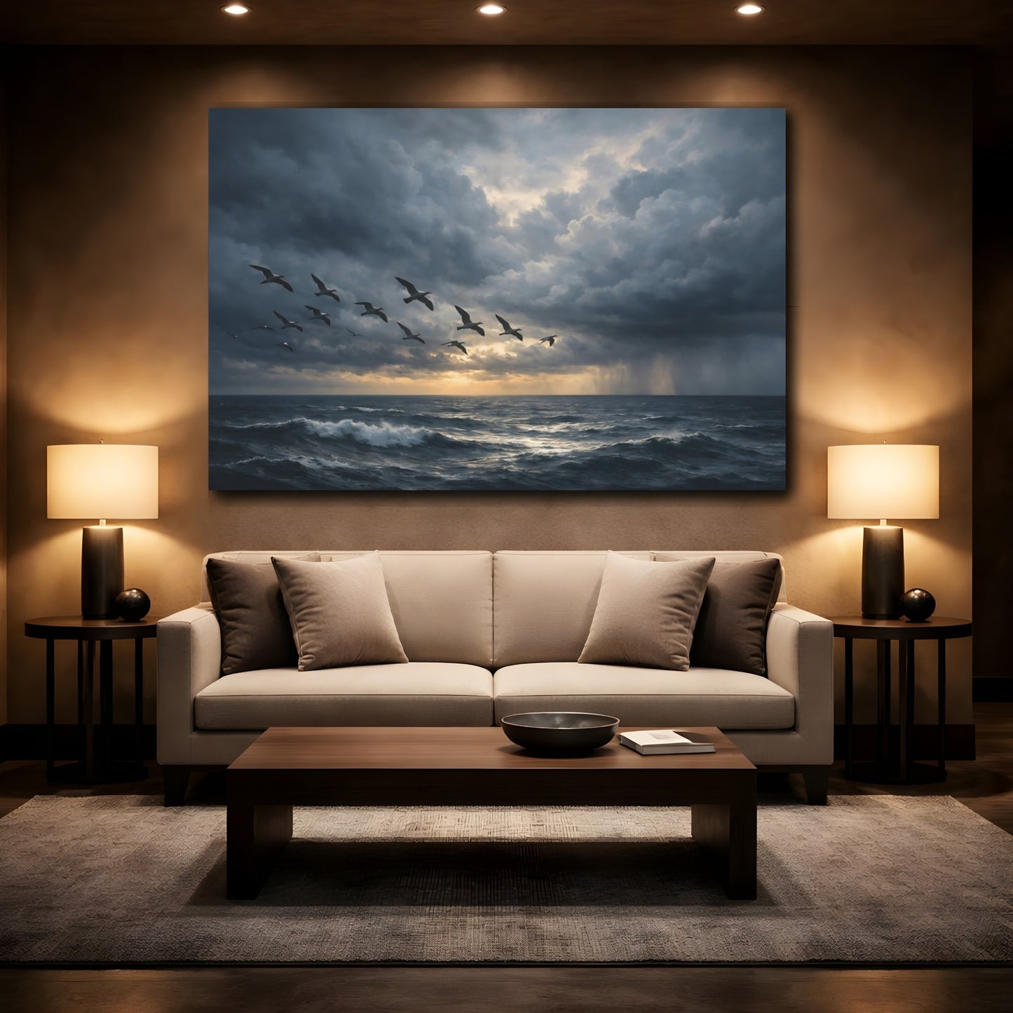 Mockup 2. Nature Flying Birds Stormy Ocean Birds shown as stretched canvas wall art