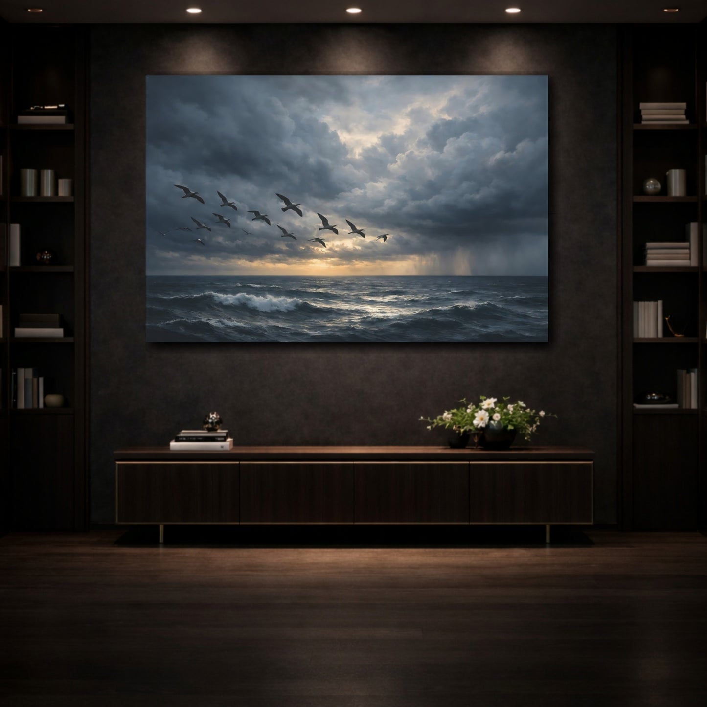 Mockup 3. Nature Flying Birds Stormy Ocean Birds shown as stretched canvas wall art