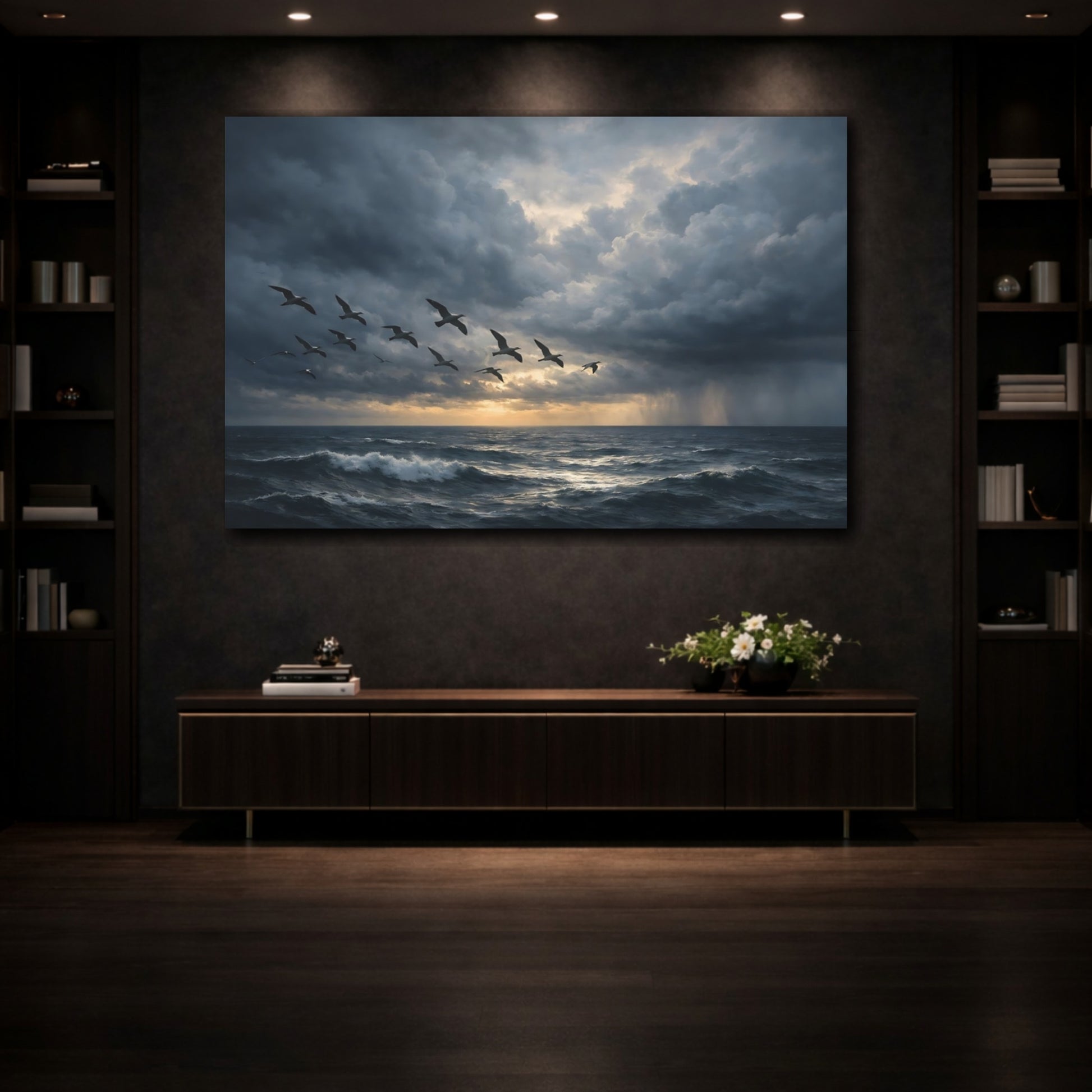 Mockup 3. Nature Flying Birds Stormy Ocean Birds shown as stretched canvas wall art