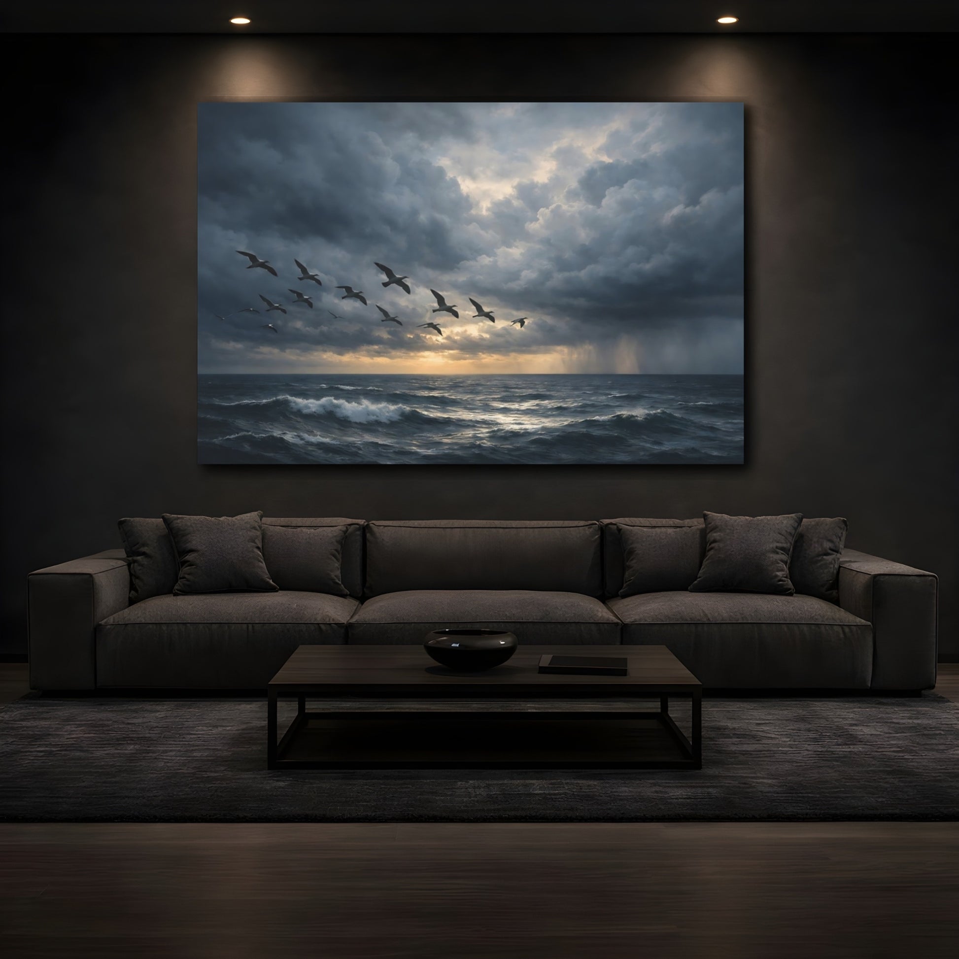 Mockup 4. Nature Flying Birds Stormy Ocean Birds shown as stretched canvas wall art