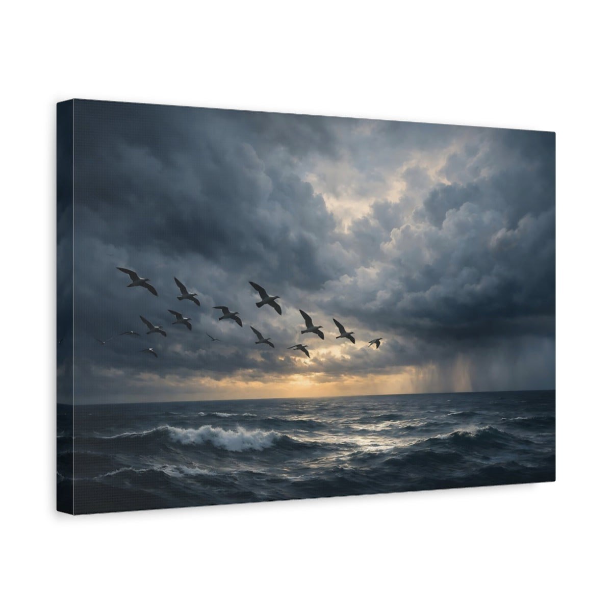 Side Mockup 4. Nature Flying Birds Stormy Ocean Birds shown as stretched canvas wall art