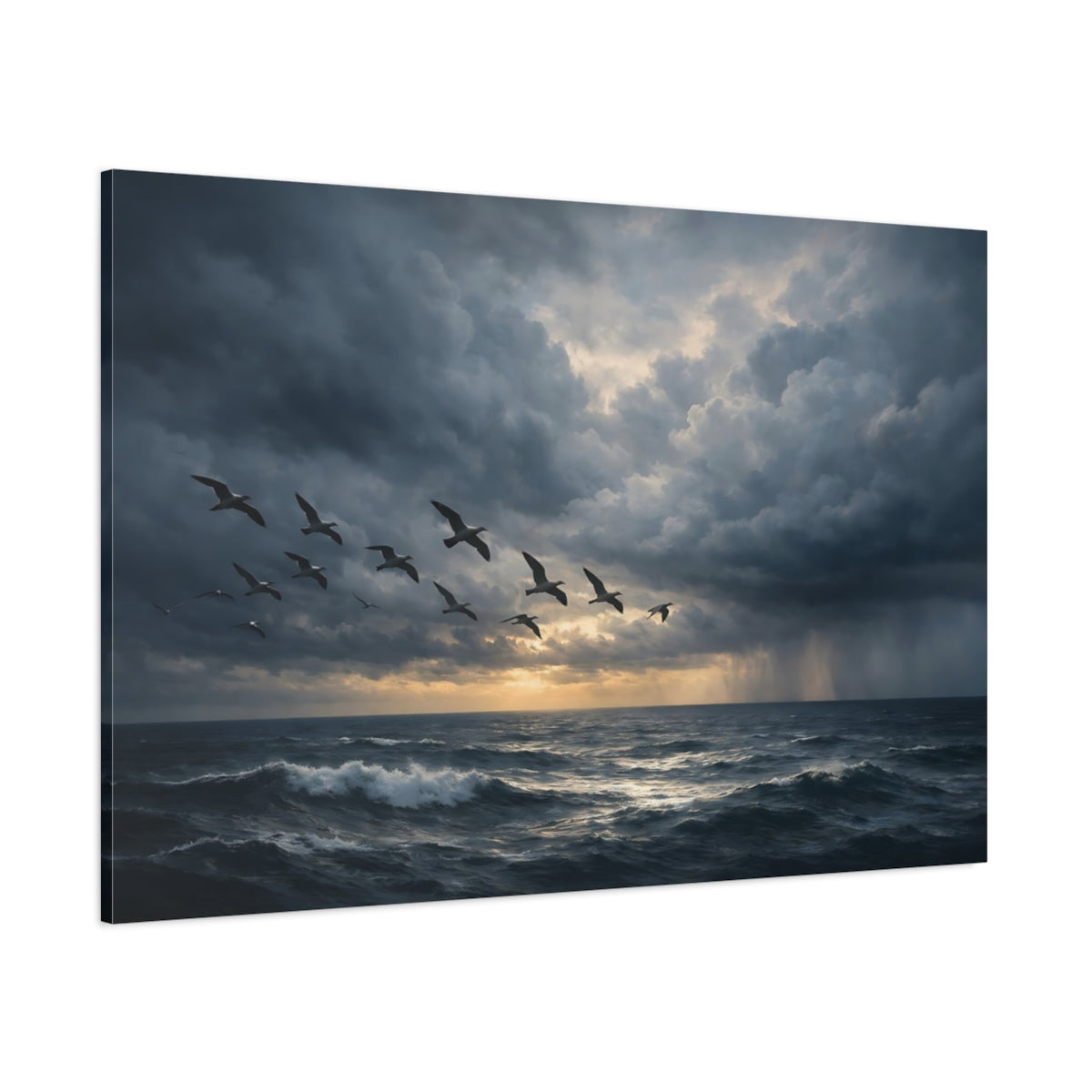 Side Mockup 1. Nature Flying Birds Stormy Ocean Birds shown as stretched canvas wall art