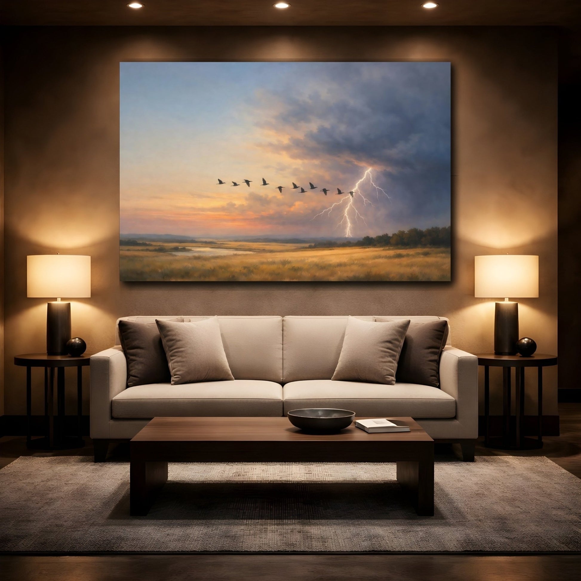 Nature Flying Birds Sunset Storm Landscape - Canvas Wall Art Print - YesArtYes