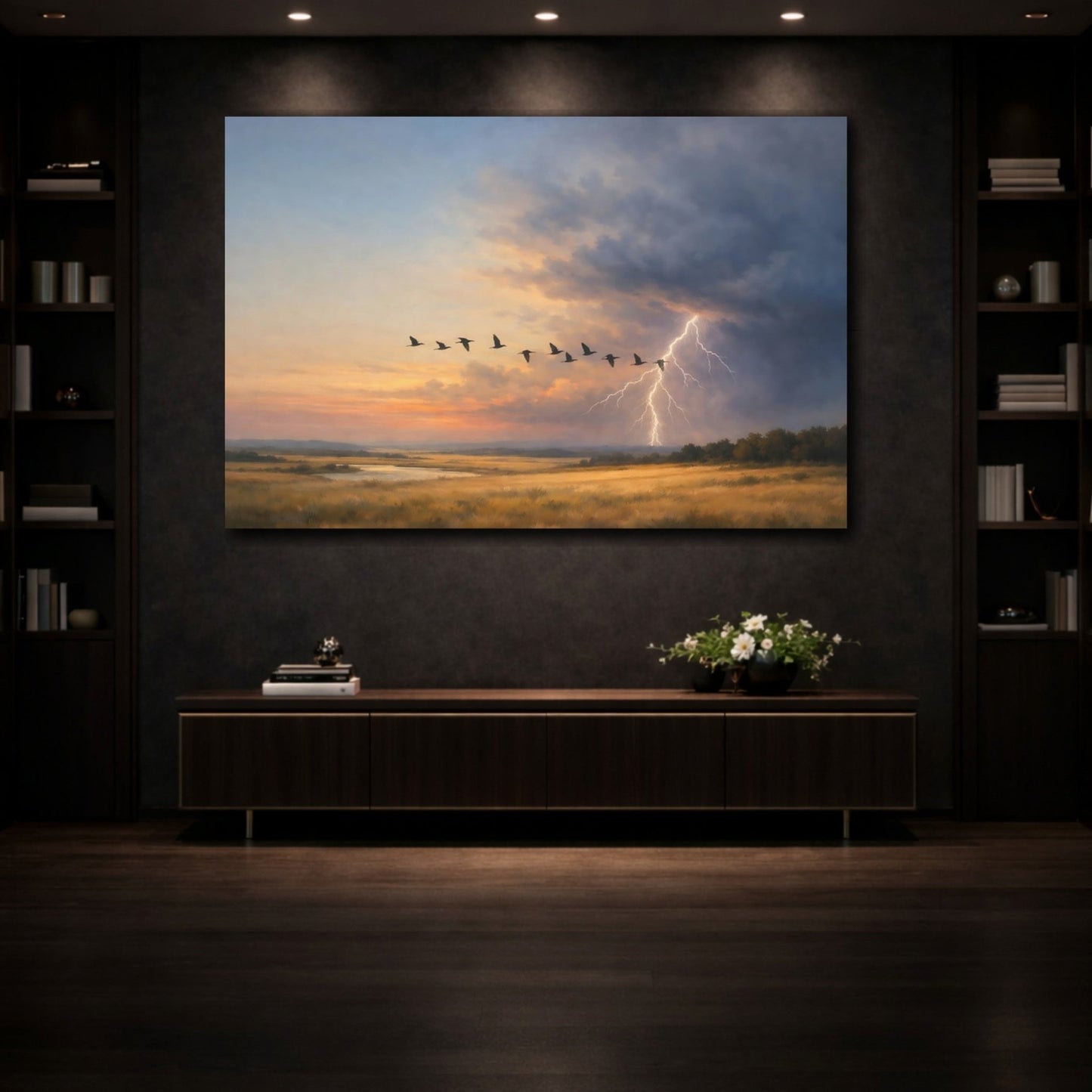 Nature Flying Birds Sunset Storm Landscape - Canvas Wall Art Print - YesArtYes