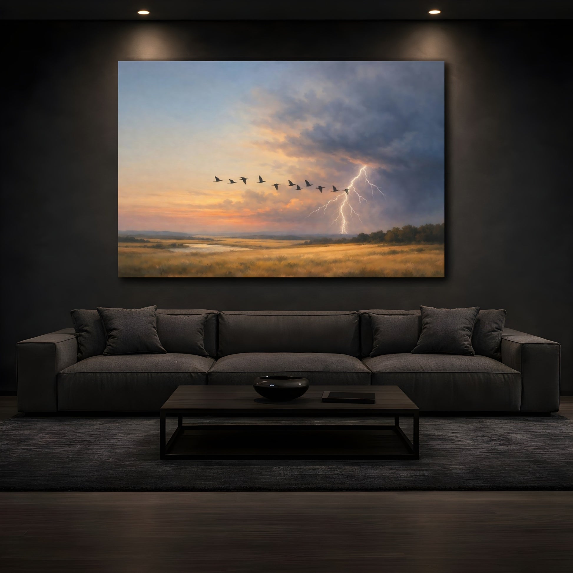 Mockup 2. Nature Flying Birds Sunset Storm Landscape shown as stretched canvas wall art