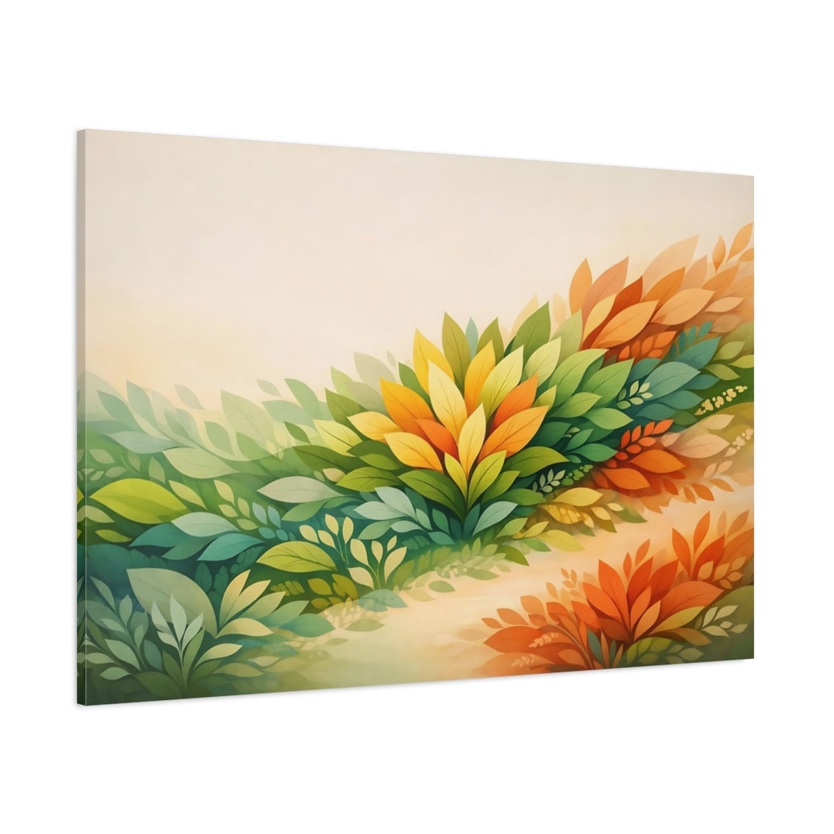 Main Mockup. Nature Foliage Green And Orange shown as stretched canvas wall art