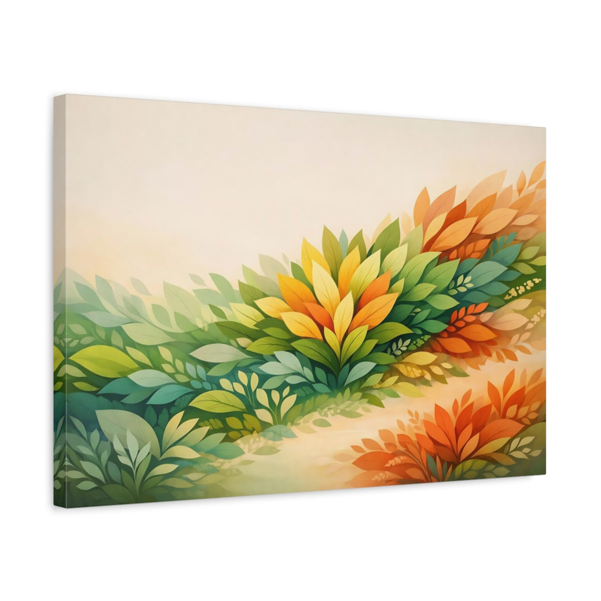 Side Mockup 3. Nature Foliage Green And Orange shown as stretched canvas wall art