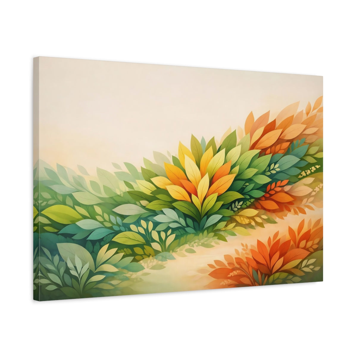 Side Mockup 2. Nature Foliage Green And Orange shown as stretched canvas wall art