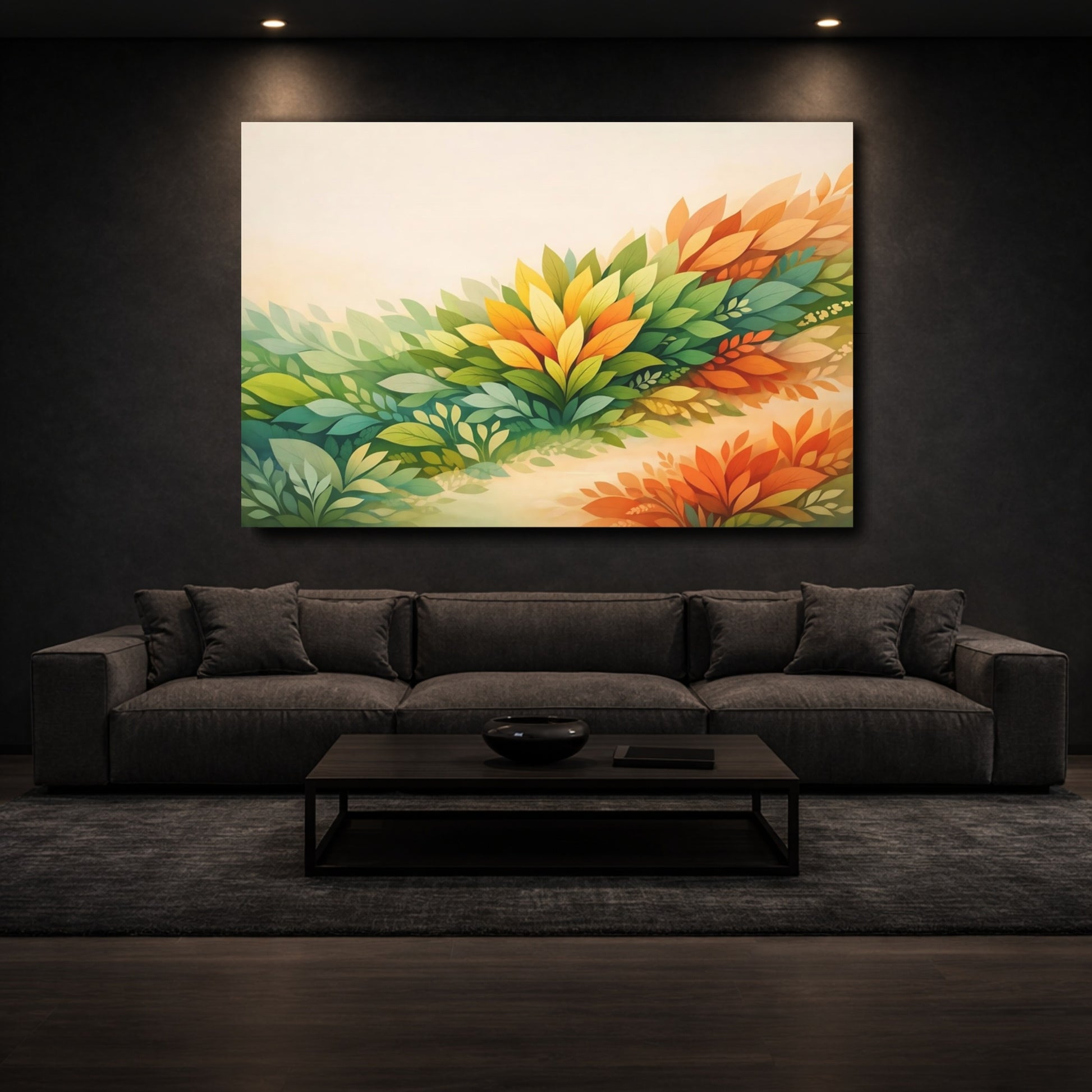 Mockup 2. Nature Foliage Green And Orange shown as stretched canvas wall art