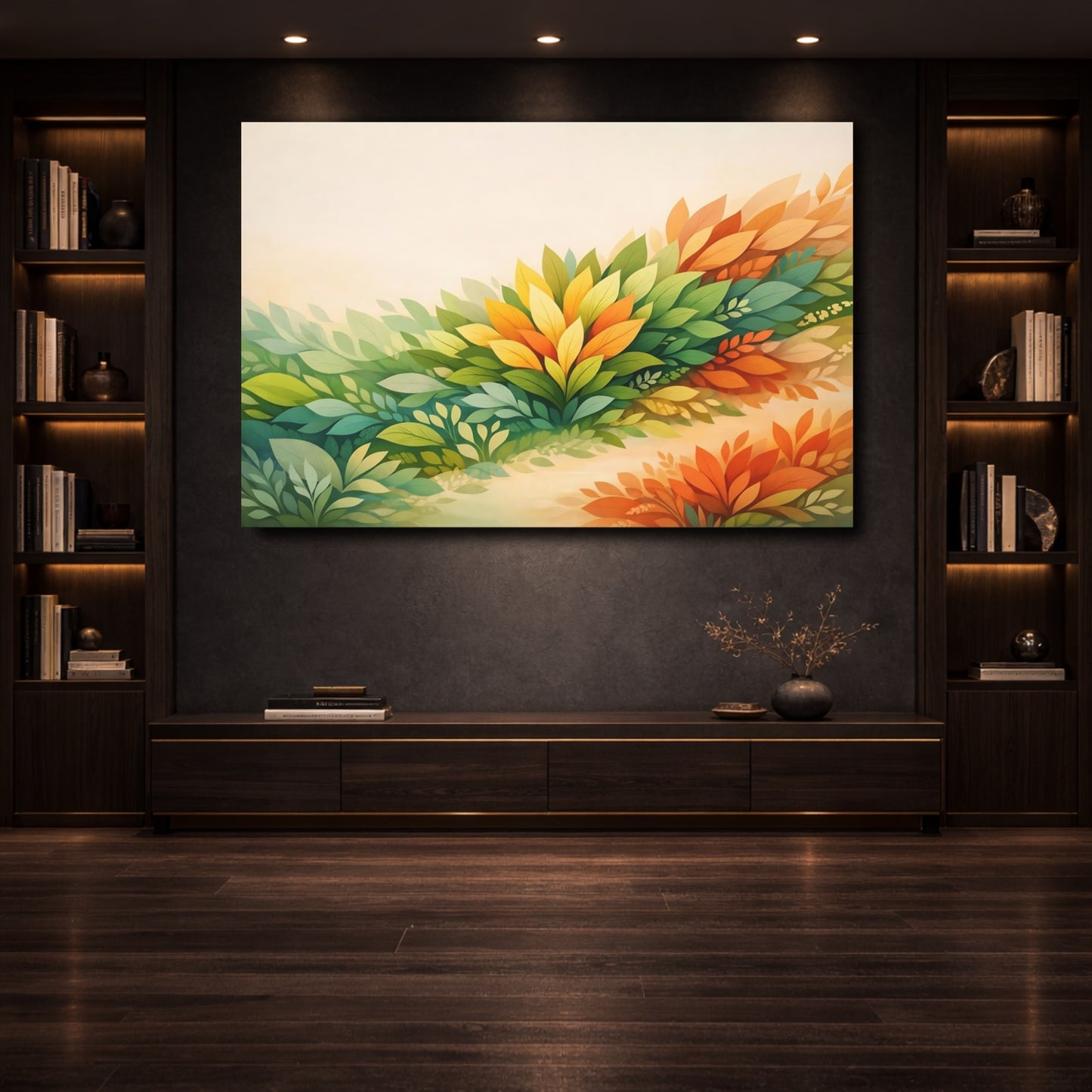 Mockup 3. Nature Foliage Green And Orange shown as stretched canvas wall art