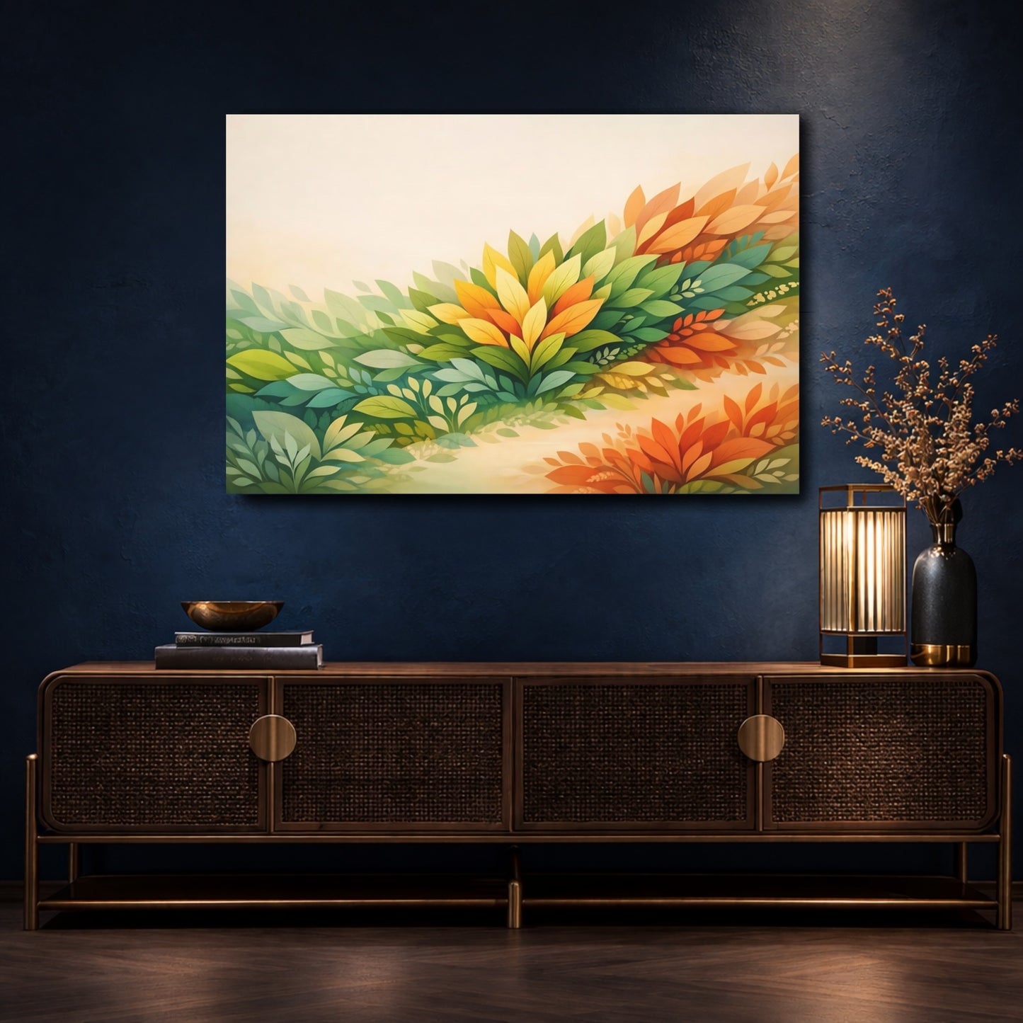 Mockup 4. Nature Foliage Green And Orange shown as stretched canvas wall art
