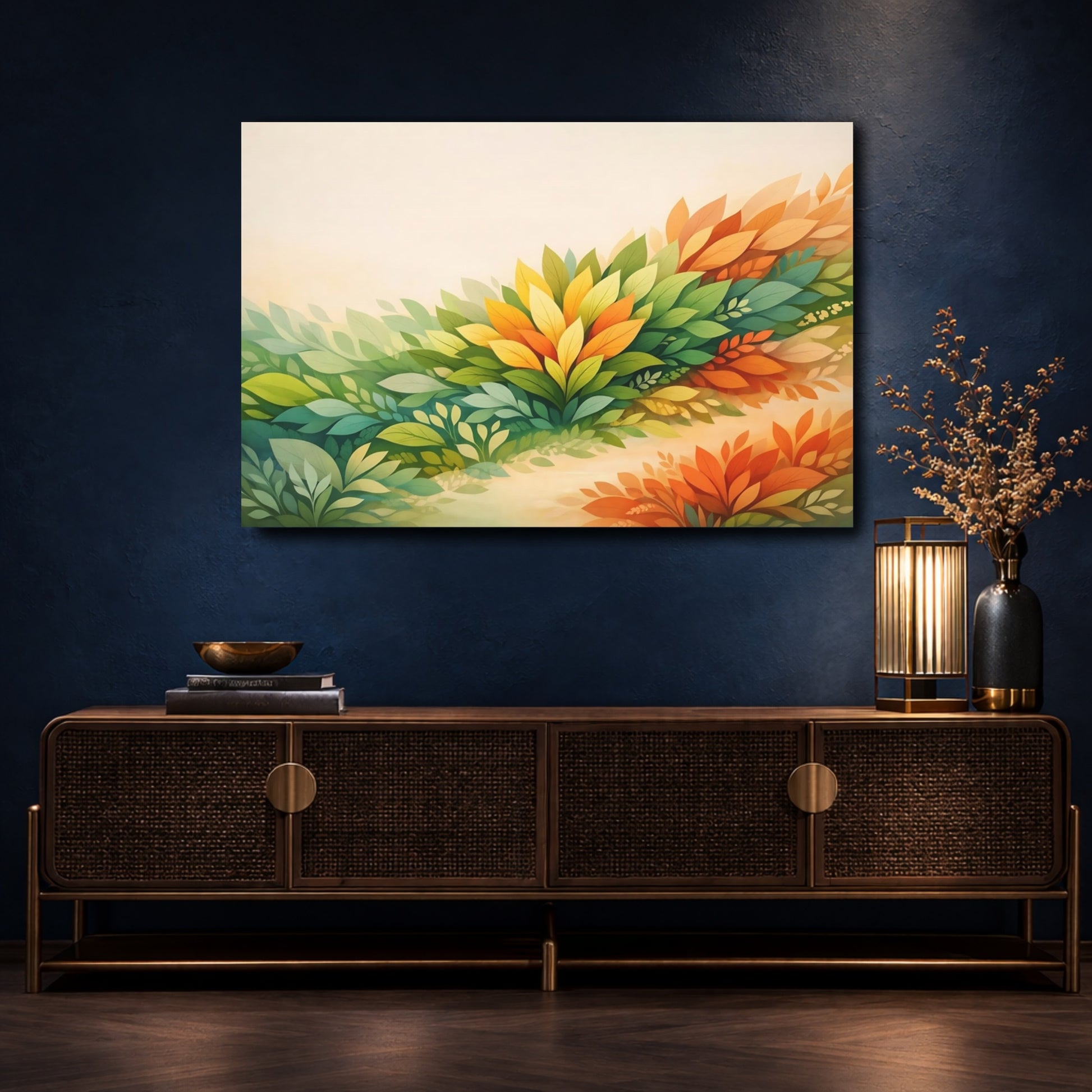 Mockup 4. Nature Foliage Green And Orange shown as stretched canvas wall art
